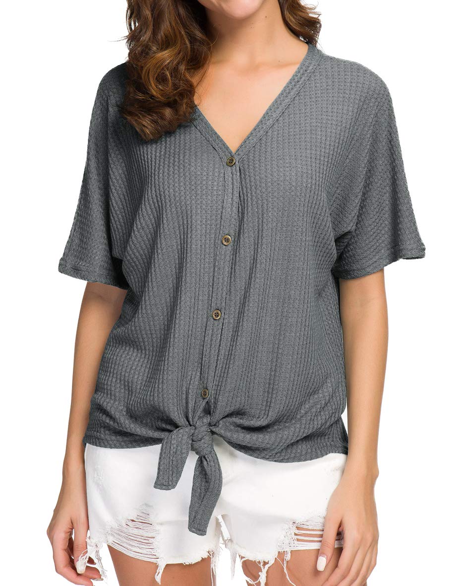 IWOLLENCE Women's Waffle Knit Tunic Blouse - Tie Knot Short Sleeve Henley Top, Loose Fit Batwing Shirt for Casual Wear, Office & Date Night Outfits