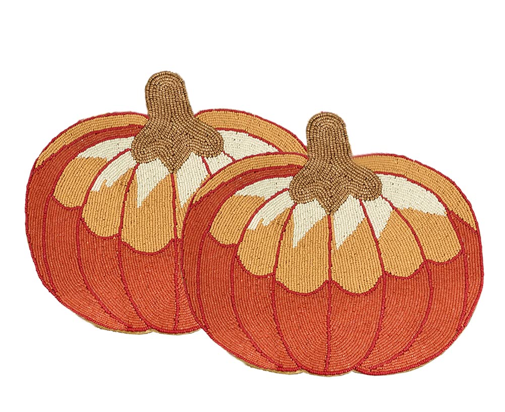 Fennco Styles Contemporary Beaded Pumpkins 14x14 Inch Placemats - Set of 2 Orange Thanksgiving Table Mats for Dinner, Fall Decor, Family Gatherings & Holiday Home Decor | Perfect for Autumn Tablescapes, Harvest Parties & Cozy Dining Settings
