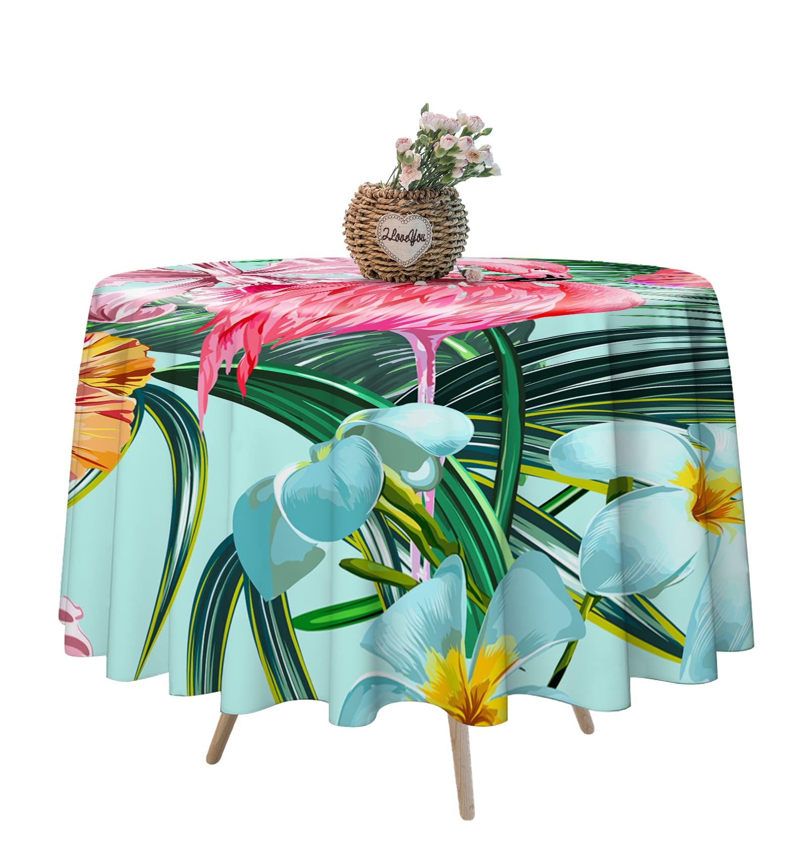 Vantaso Tropical Flamingo Palm Leaf Print Round Tablecloth - 60 Inch Waterproof Polyester Table Cover for Kitchen, Dining, Coffee Table | Machine Washable, Wrinkle Resistant | Perfect for Outdoor Picnics, Beach Parties & Tropical-Themed Decor