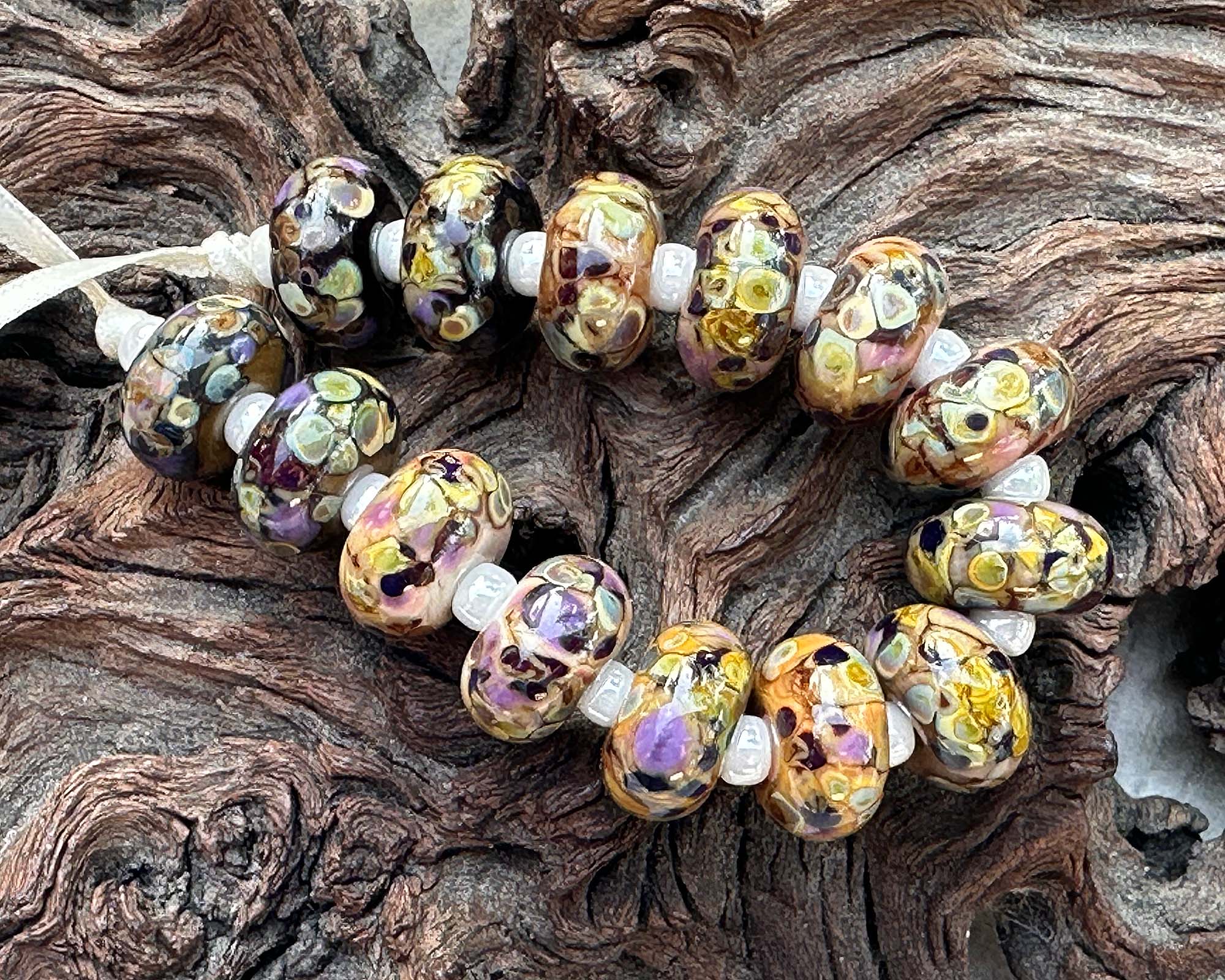 14 Picasso Brown Mosaic Lampwork Beads Set - Handmade Glass Beads for Jewelry Making, Bracelets & Necklaces - Perfect for DIY Crafting and Gift Giving