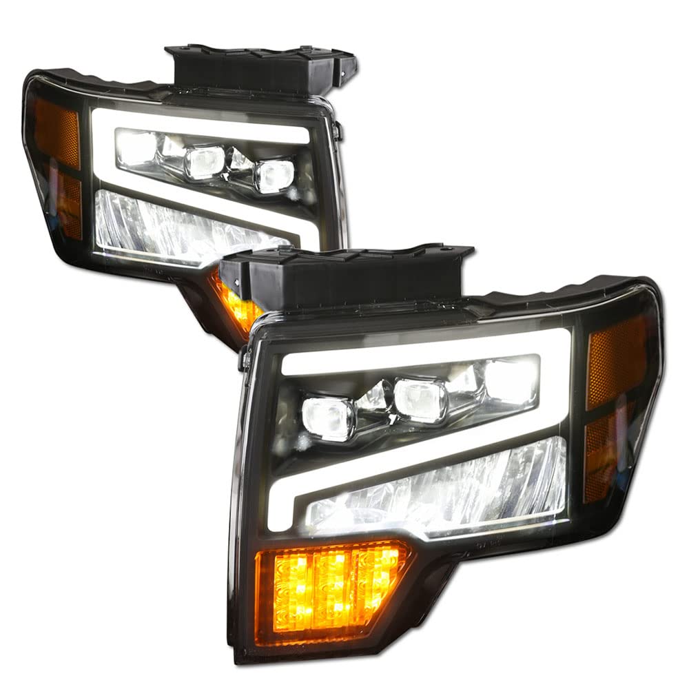2009-2014 Ford F150 Black Housing Full LED Sequential Tri-Projector Headlights with Amber Reflector - Compatible Replacement Headlight Assembly for Improved Night Visibility - Perfect for Off-Roading, Night Driving & Truck Customization