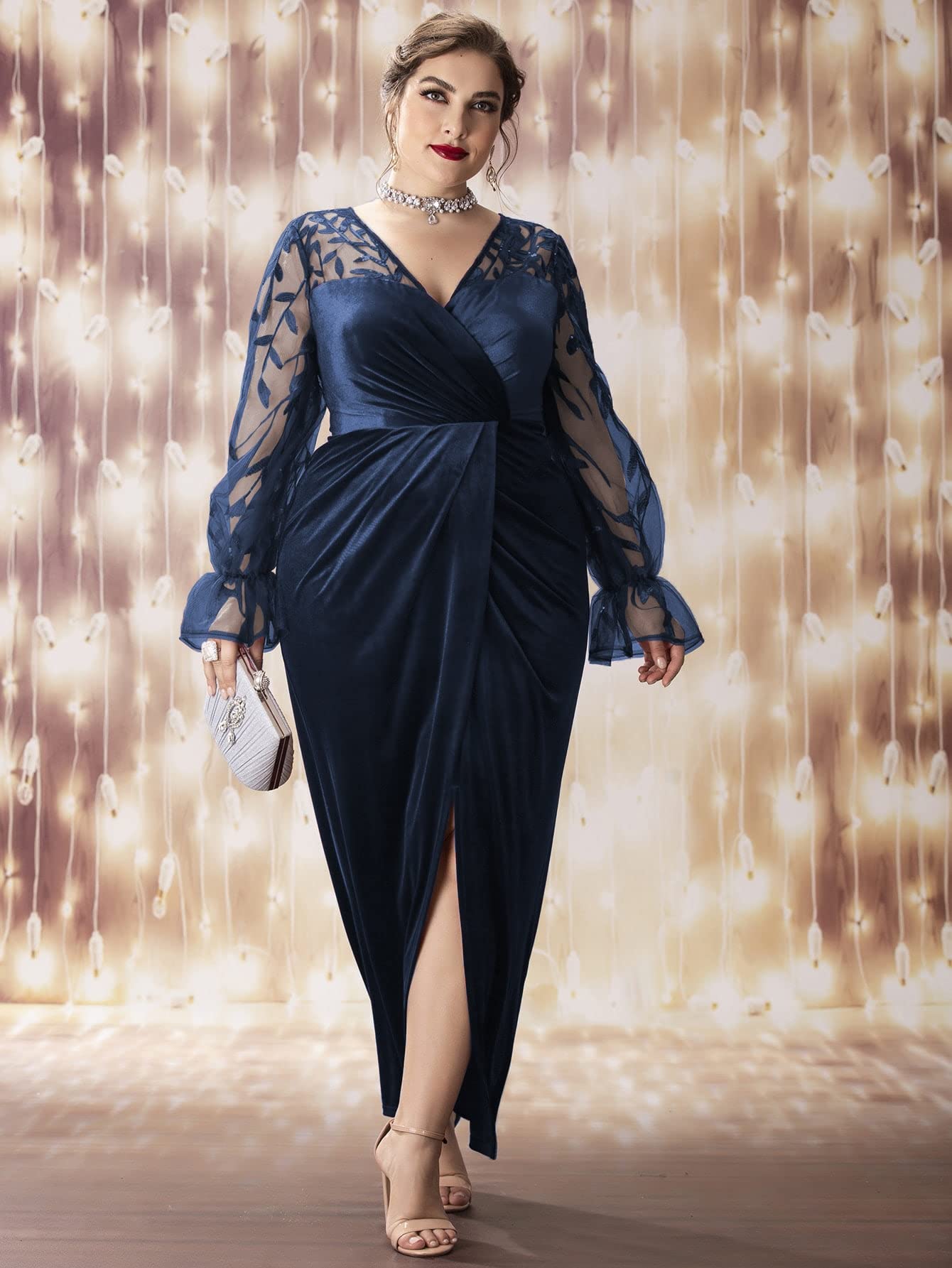 Elegant Plus Size Velvet Dress for Women - Navy Blue X-Large with Sequin Embroidery & Flounce Sleeves | Formal Occasions, Holiday Parties, Evening Events