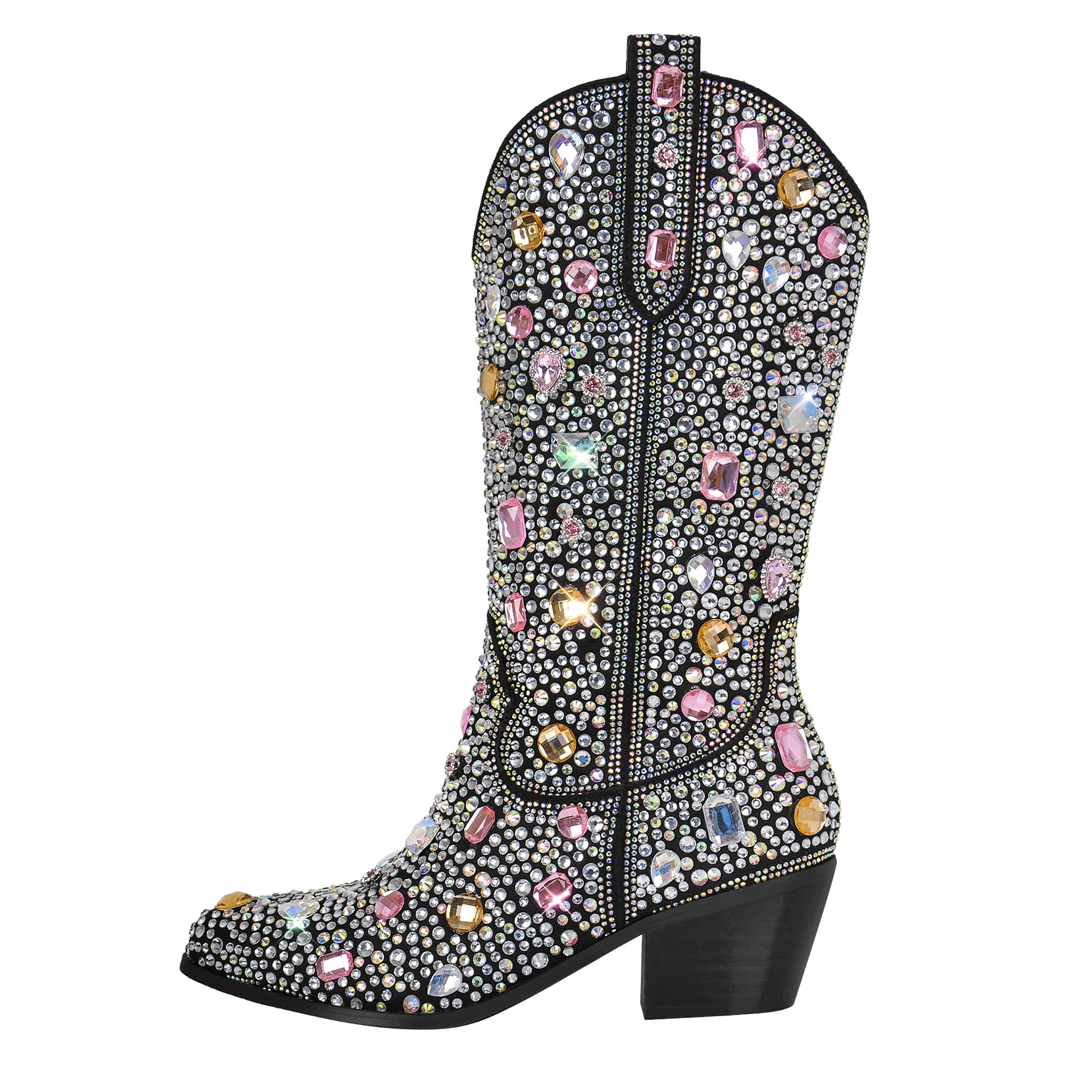 Sparkly Rhinestone Cowboy Cowgirl Boots for Women - 2 Inch Heel Calf High Western Boots with Pull-On Tabs | Perfect for Country Dancing, Rodeos & Festive Occasions