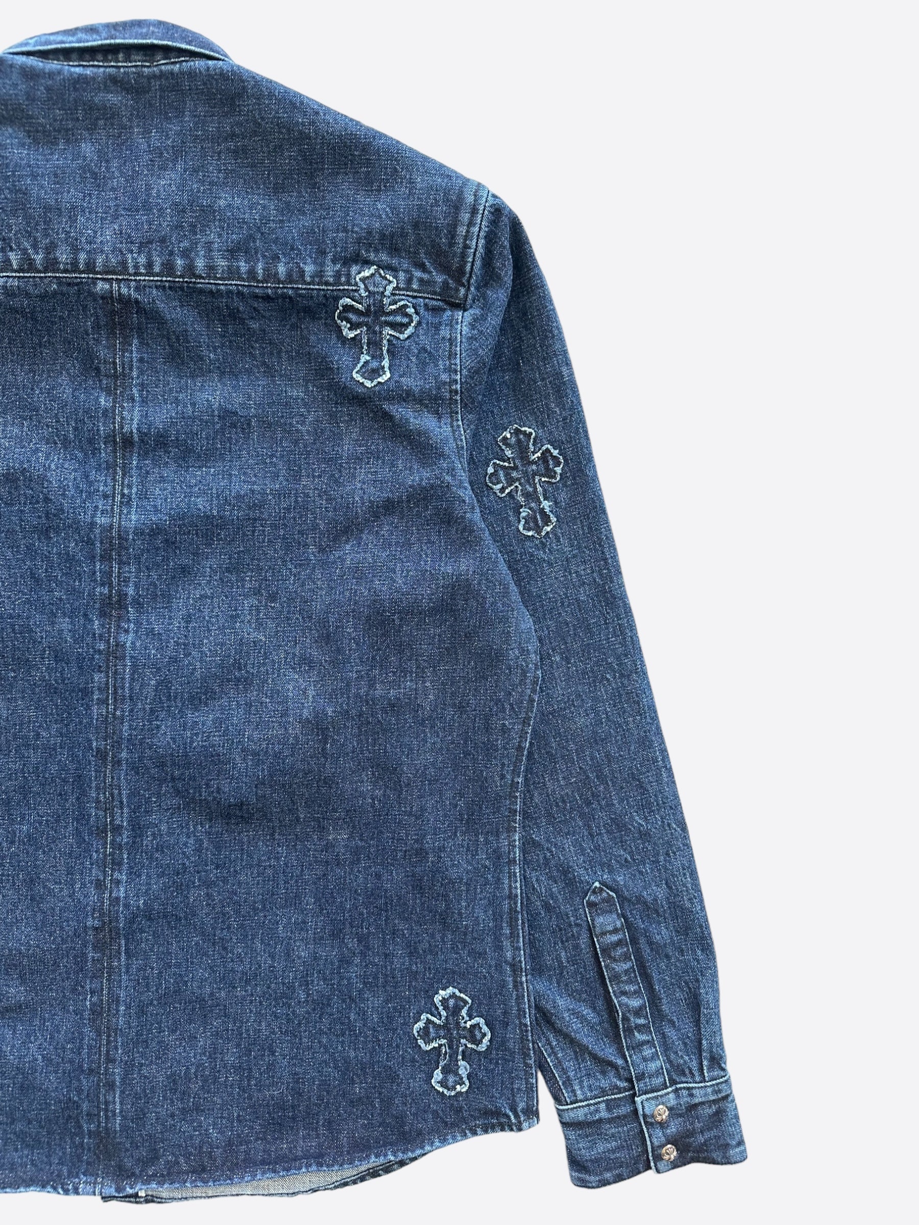 Chrome Hearts Blue Embroidered Cross Patch Denim Shirt for Men - Vintage Distressed Designer Long Sleeve Shirt for Casual Wear & Street Style Fashion