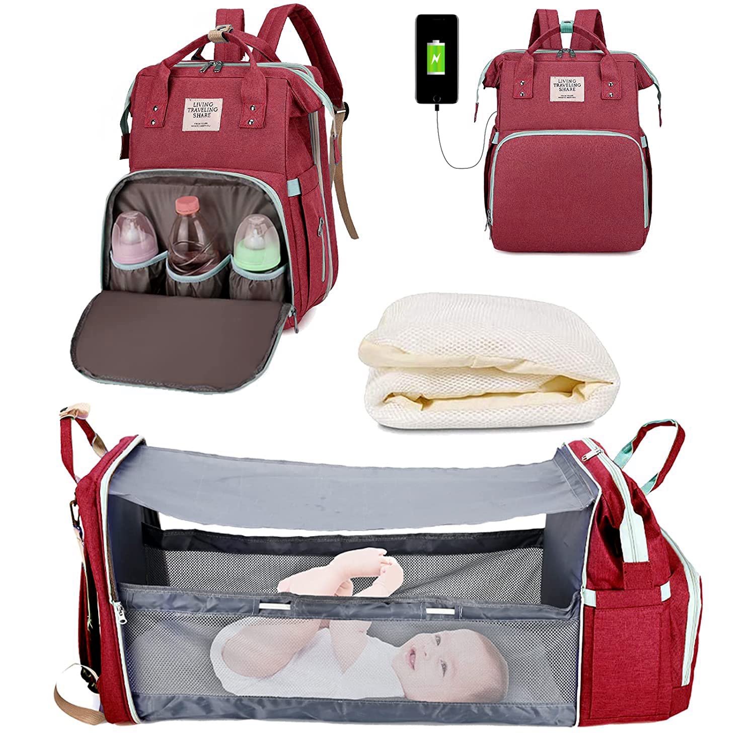Waterproof Large Capacity Diaper Backpack with USB Charging Port & Foldable Baby Bassinet - Portable Travel Changing Station for Moms, Includes Bed Mat Pad (Red) | Perfect for Air Travel, Park Outings & On-the-Go Parenting