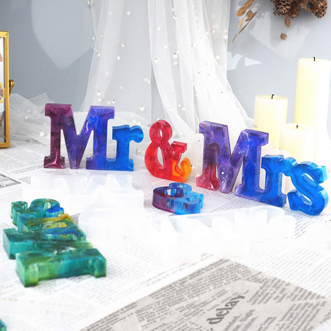 FineInno MR & MRS Silicone Resin Molds for DIY Epoxy Crafts - Wedding Cake Topper, Home Decor, Table Centerpiece & Romantic Gift Making