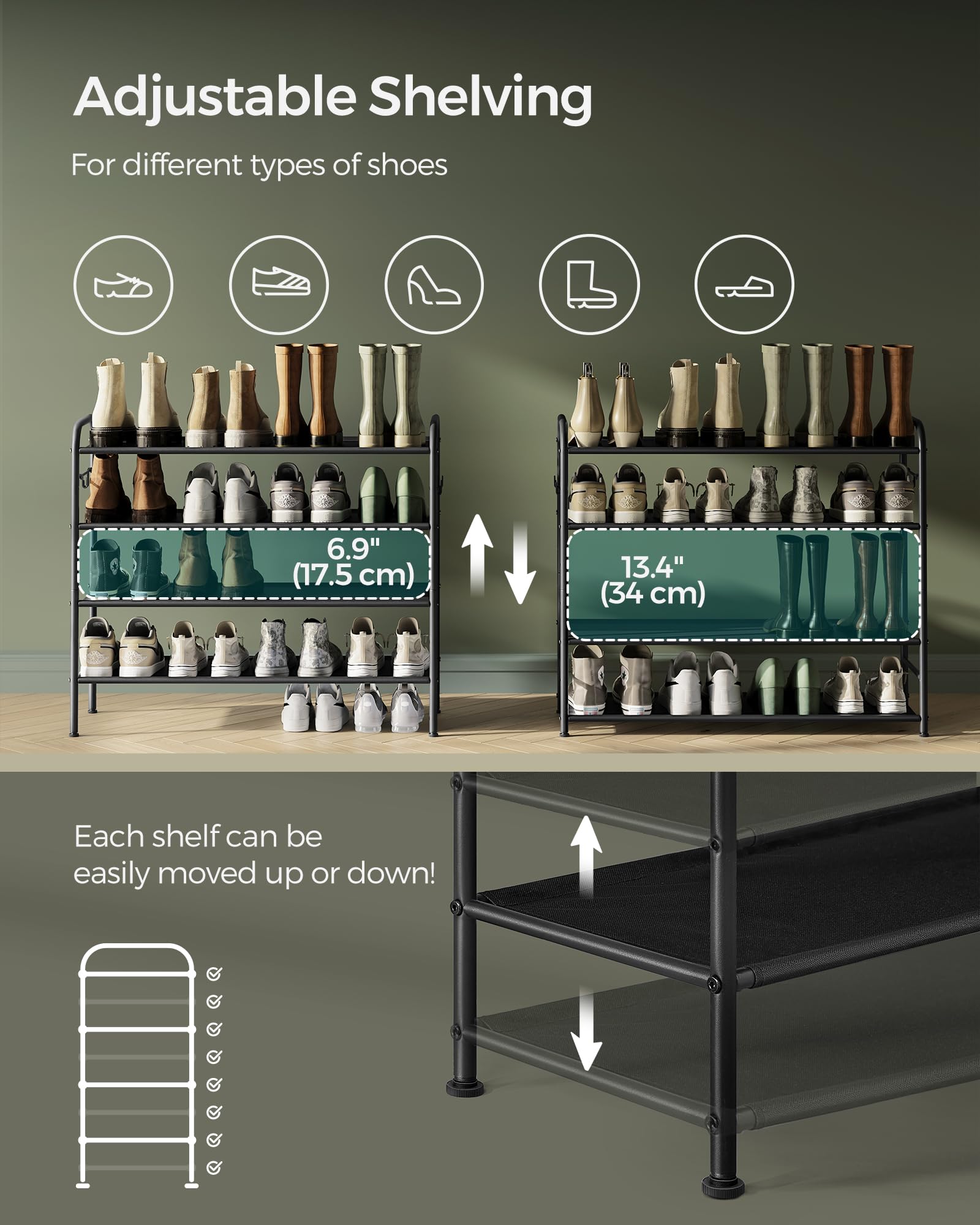 SONGMICS 4-Tier Fabric Shoe Rack Organizer with 4 Hooks - Holds 20 Pairs of Shoes, Adjustable Height for Entryway, Hallway & Closet - Easy Assembly, Space-Saving Storage Solution - Perfect for Small Apartments & Home Organization (Ink Black)