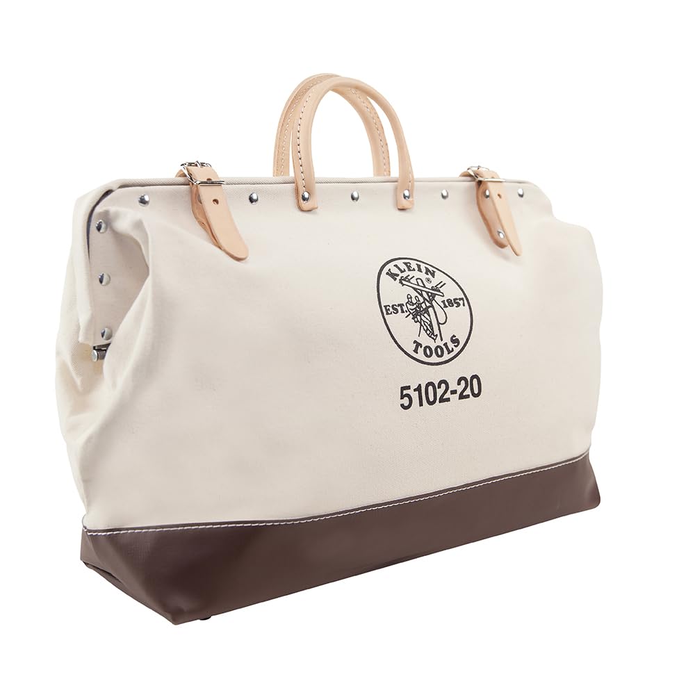 Klein Tools 5102-20 Heavy Duty Natural Canvas Tool Bag - 20-Inch Multi-Purpose Tool Tote with Wide Hinged Opening & Durable Leather Handles - Perfect for Electricians, Contractors & DIY Home Improvement Projects