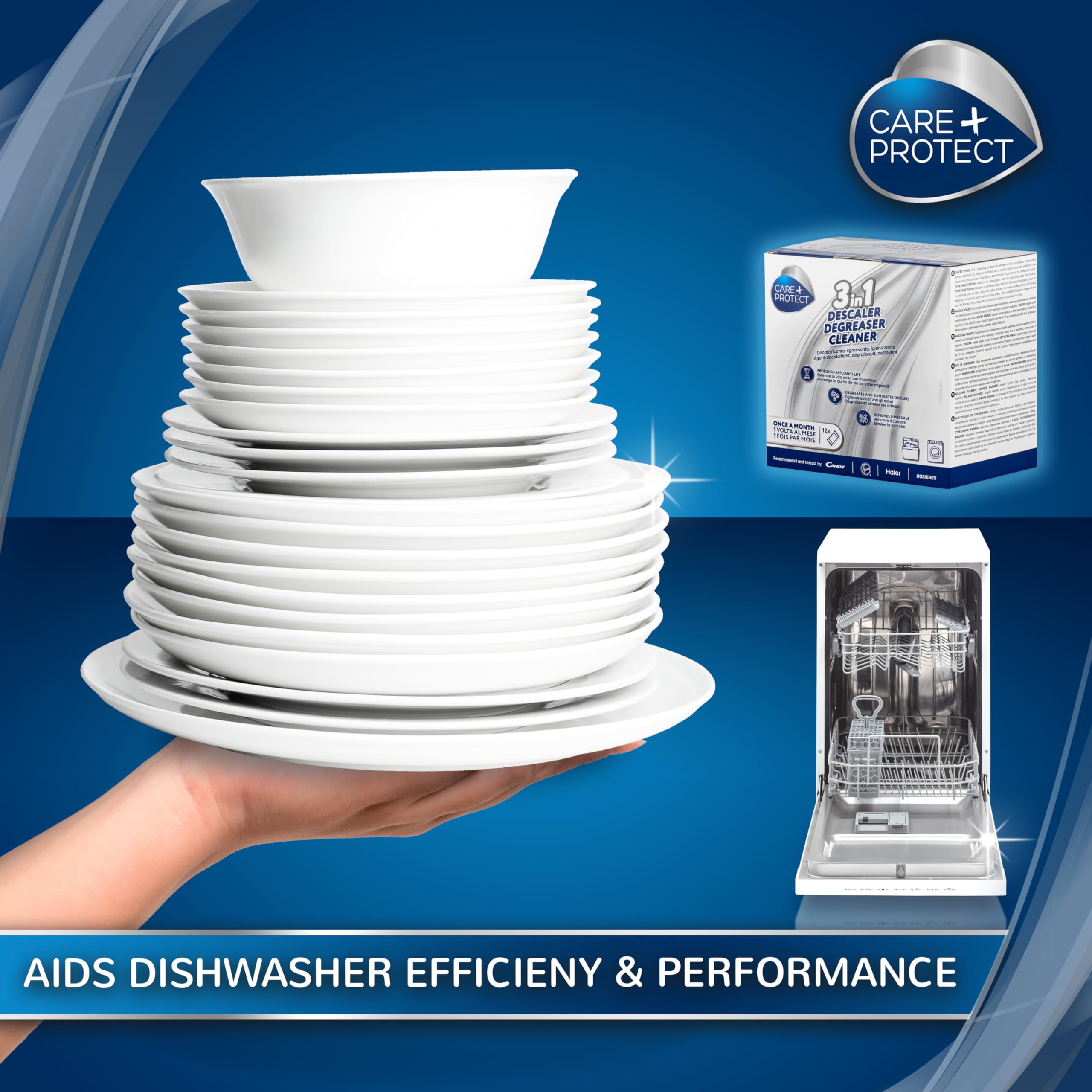 CARE+PROTECT 3-in-1 Washing Machine & Dishwasher Cleaner - Limescale Remover, Degreaser & Hygienic Cleaner - Universal Formula (12 Sachets for 12 Months Supply) - Perfect for Laundry & Kitchen Appliance Maintenance