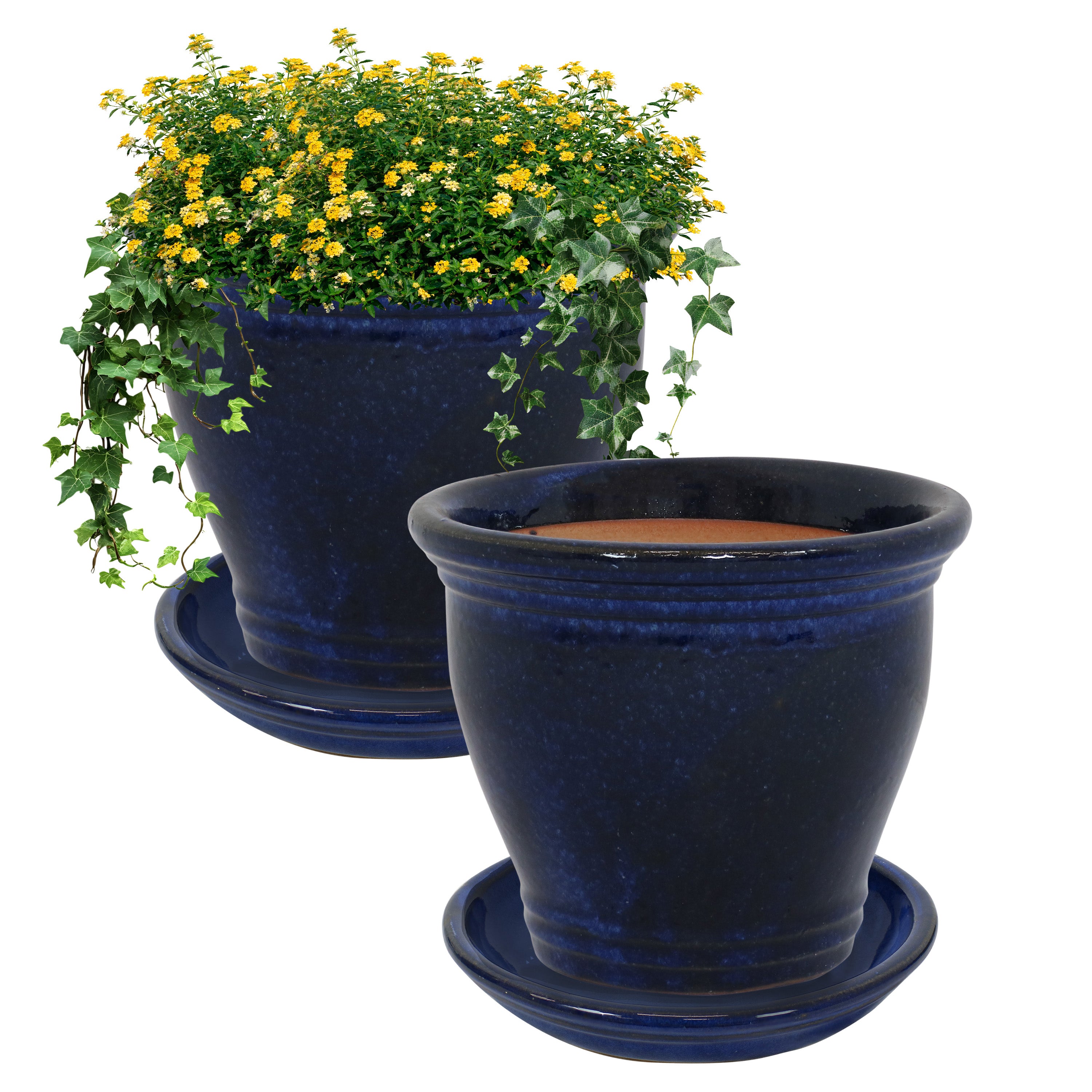 Sunnydaze 2-Pack Glazed Ceramic Plant Pots with Saucers - Indoor/Outdoor Decorative Flower Planters for Home, Garden, and Patio