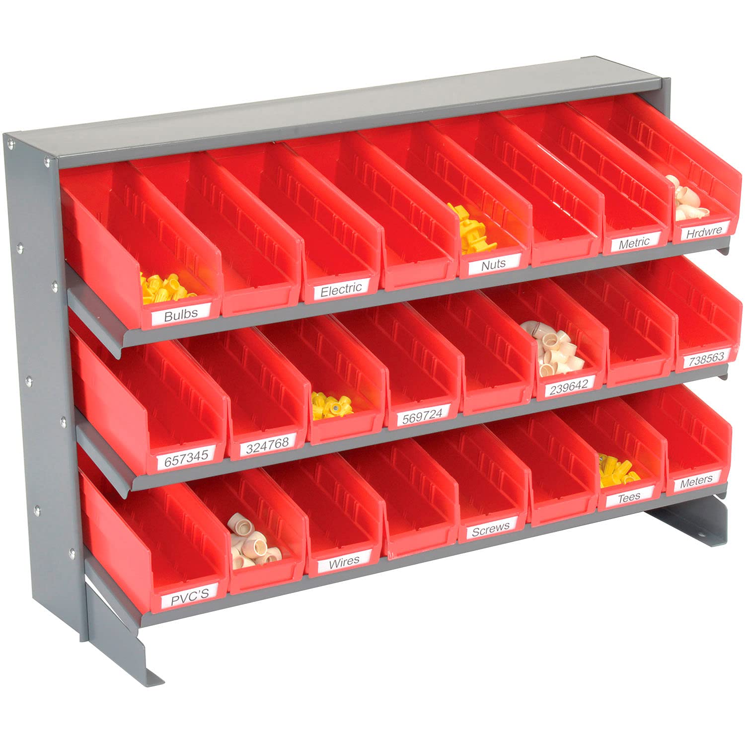 Global Industrial 3-Shelf Storage Bench Rack with 24 Red 4-Inch Wide Bins - 33x12x21 Inches - Perfect for Workshop, Garage & Retail Organization
