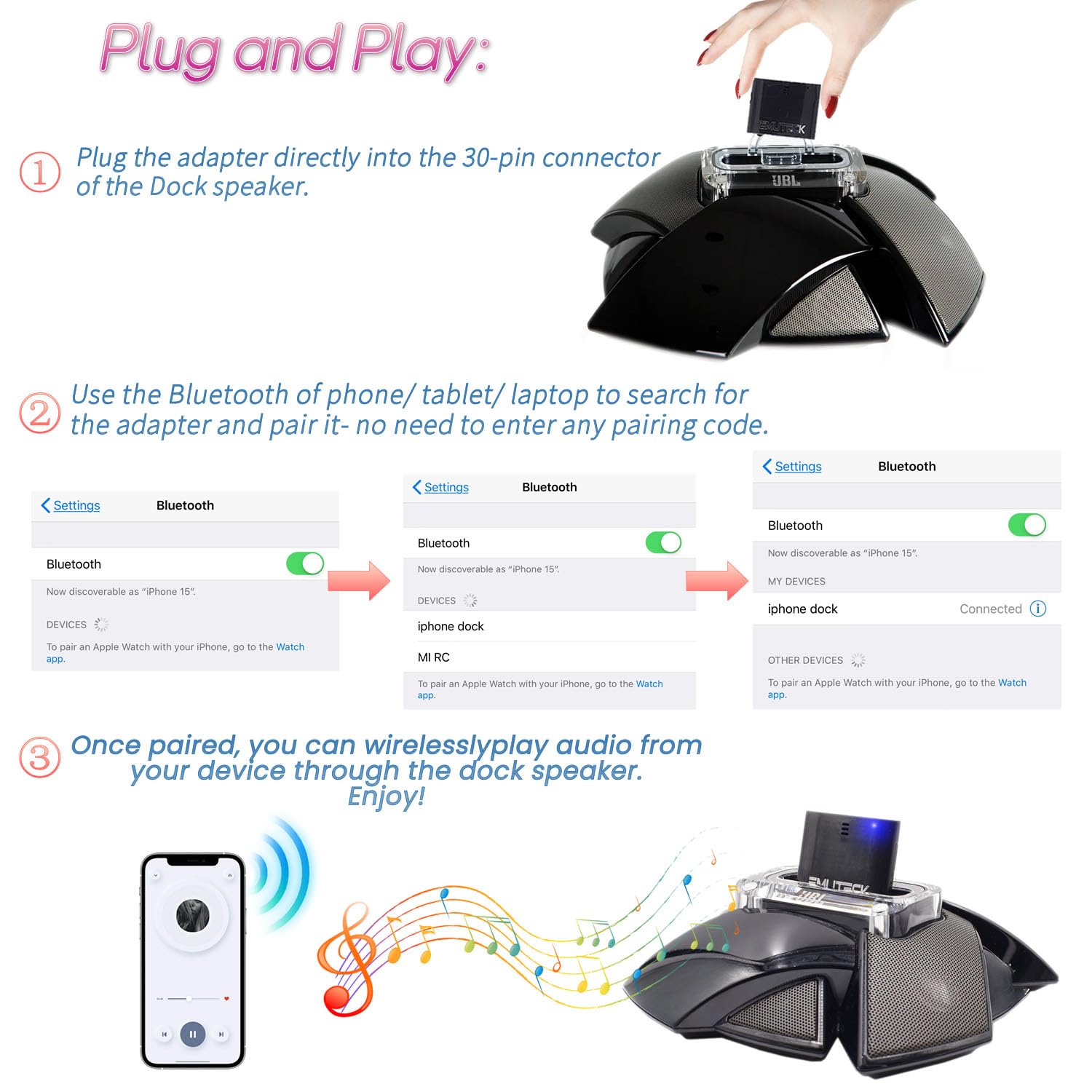 30 Pin Bluetooth 5.0 Stereo Adapter for Bose SoundDock & 30-Pin Speakers, 3.5mm AUX Cable, Wireless Audio Receiver for iPhone iPod iPad, Perfect for Home & Office Music Docking Stations