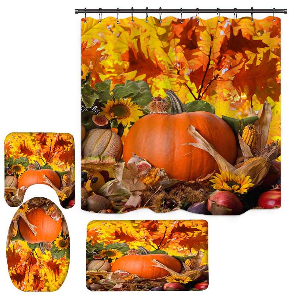 Mallyu 2020 Halloween Pumpkin 3D Printed Waterproof Shower Curtain & Bath Mat Set - Non-Slip Toilet Rug & Bathroom Floor Mat for Fall Decor, Thanksgiving, and Spooky Home Decorating