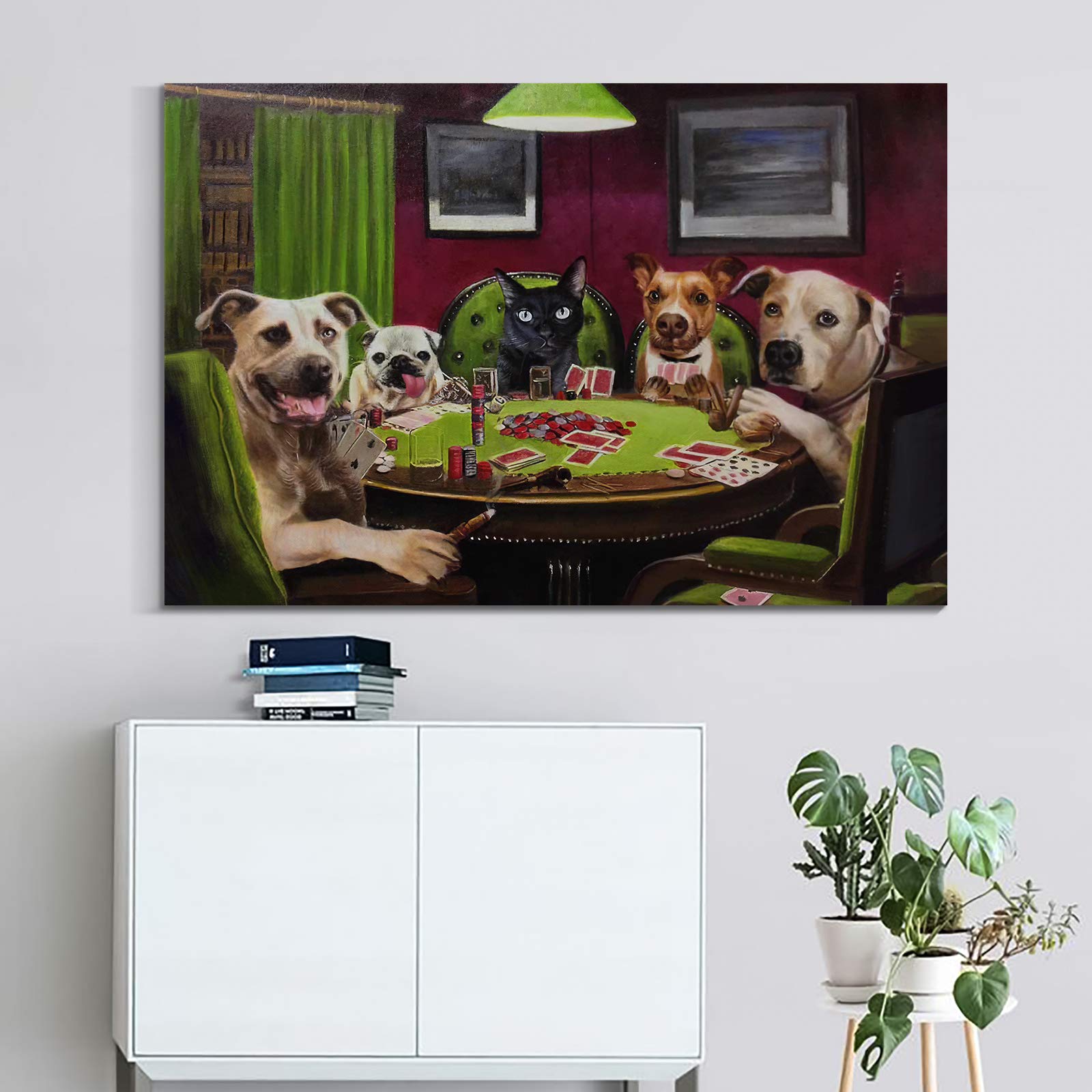 Denozer - Dogs Playing Poker by Cassius Marcellus Coolidge Oil Painting Reproduction - Premium Giclee Canvas Print Wall Art - Ready to Hang Gallery Wrapped - 48x32 Inches - Perfect for Game Room, Man Cave & Home Theater Decor
