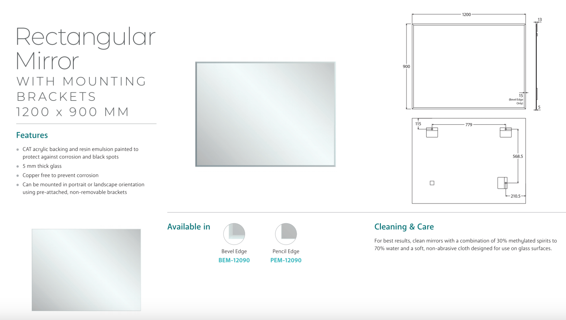 Fienza BEM 12090 Bevel Edge Rectangular Mirror 47