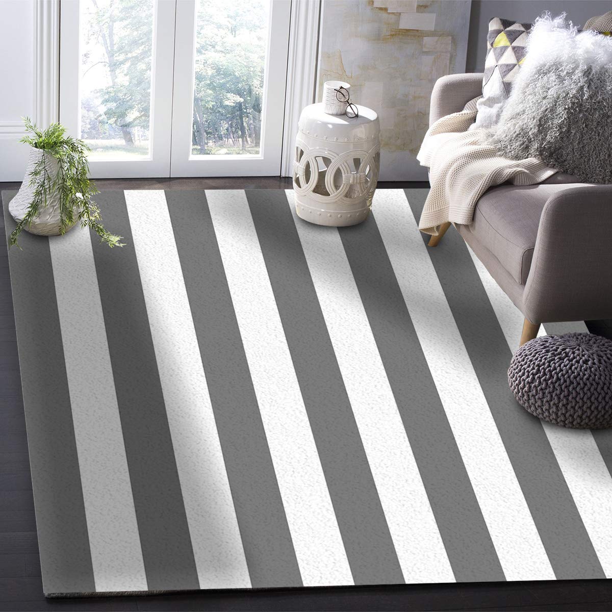 Non-Slip Striped Area Rug 2' x 3' - Waterproof Indoor Floor Mat, Anti-Fatigue Comfort Carpet in Gray & White | Perfect for Living Room, Bedroom, Office & Entryway