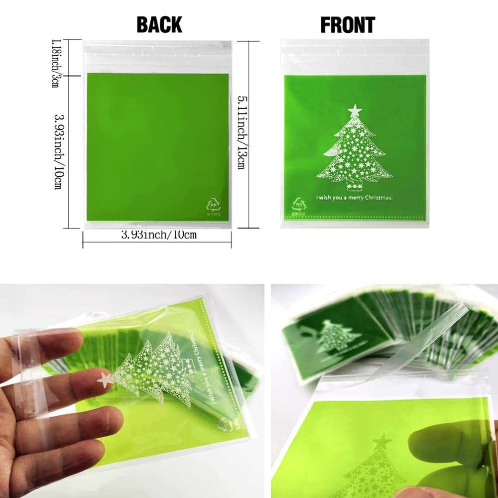100 PCS Green Christmas Cellophane Bags - Self Sealing Holiday Treat Bags for Candy, Cookies & Gifts | Perfect for Christmas Tree Decorations, Party Favors & Holiday Gift Wrapping