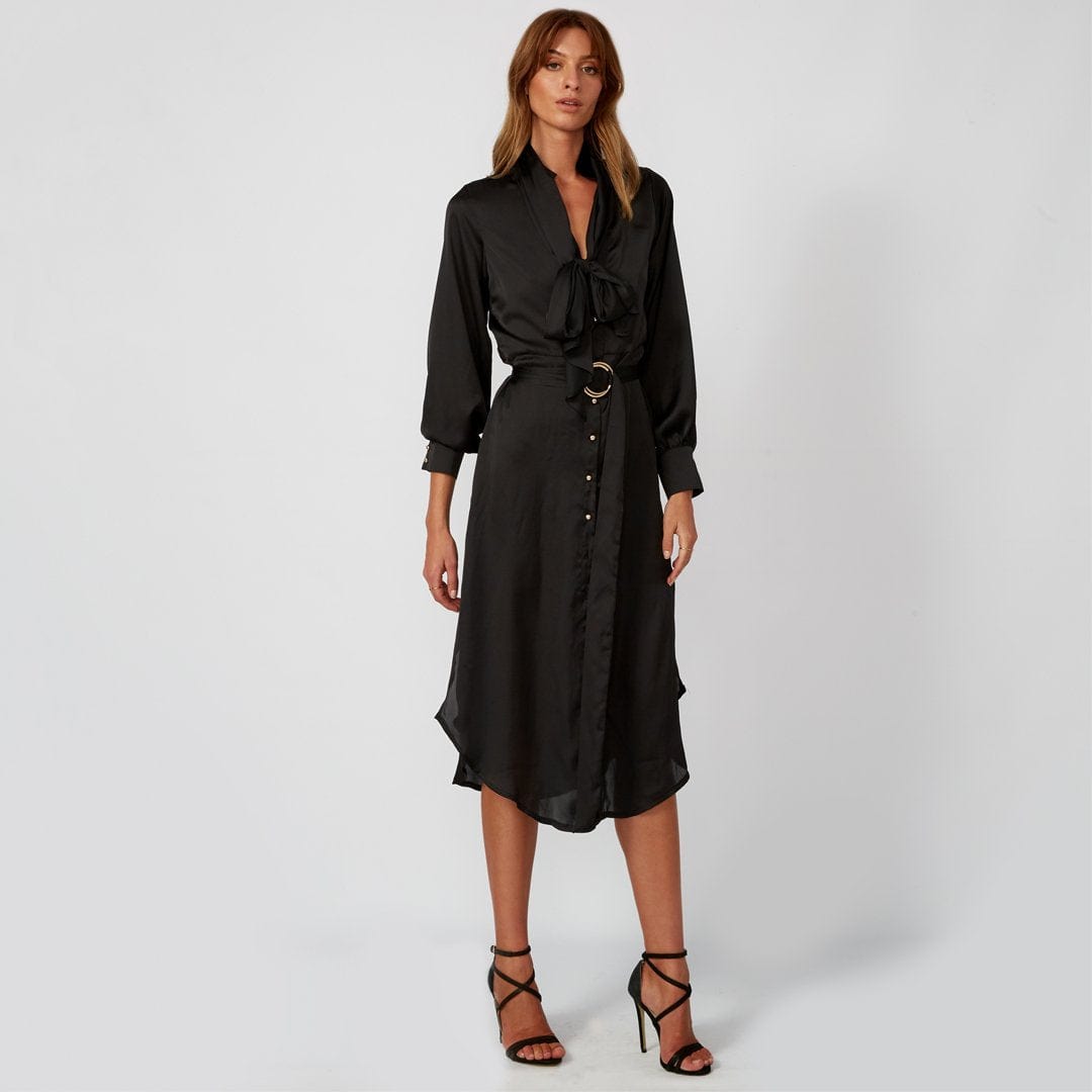 ARABELLA Black Lantern Sleeve Midi Shirt Dress for Women | Elegant Office Wear & Casual Outfit | Perfect for Work, Date Night and Spring Fashion