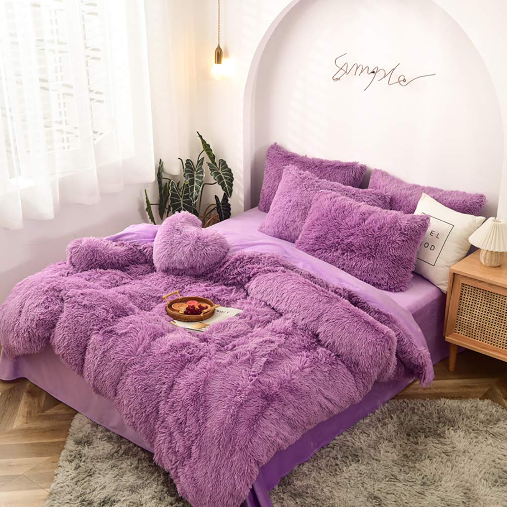 Luxury Plush Velvet Duvet Cover Set - 4 Piece Ultra Soft Mink Cashmere Bedding with Pillowcases & Flat Sheet - Winter Warm Shaggy Comforter Cover - Lilac Twin Size for Cozy Bedroom Decor