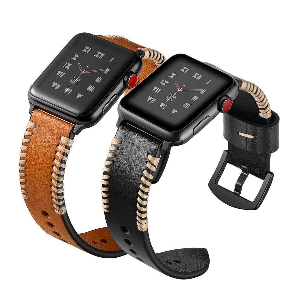 Genuine Leather Handmade Fish Bone Apple Watch Band for Series 6/5/4/3/SE - 44mm & 38mm Sizes - Perfect for Work, Gym & Everyday Wear