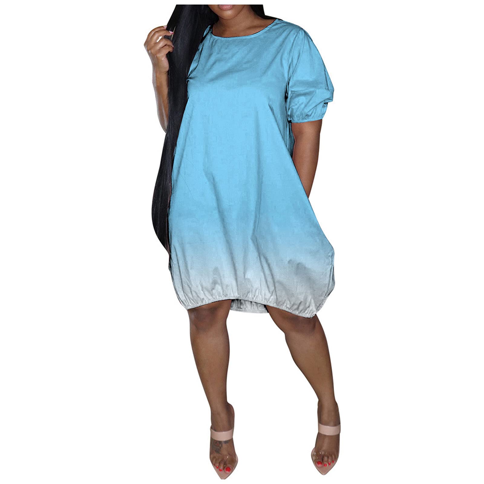 Stylish Women's Summer Tunic Dress - Short Sleeve Crewneck T-Shirt Dress with Puff Sleeves, Plus Size Casual Ombre Dress for Beach, Vacation & Everyday Wear