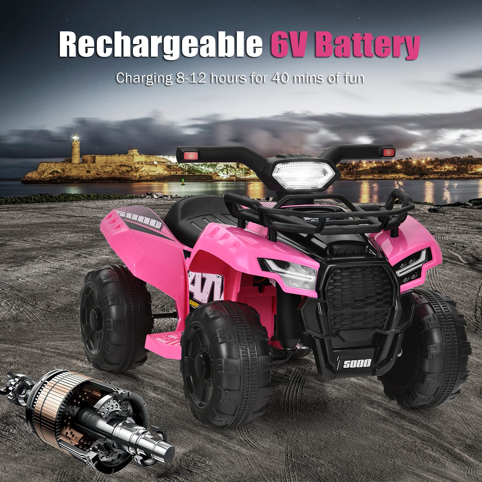 Costzon 6V Kids Electric ATV Quad with Storage Basket, Headlight, Horn & Music - Pink Ride-On Toy Car for Toddlers 18-36 Months | MP3/USB Player | Outdoor & Indoor Play for Boys & Girls