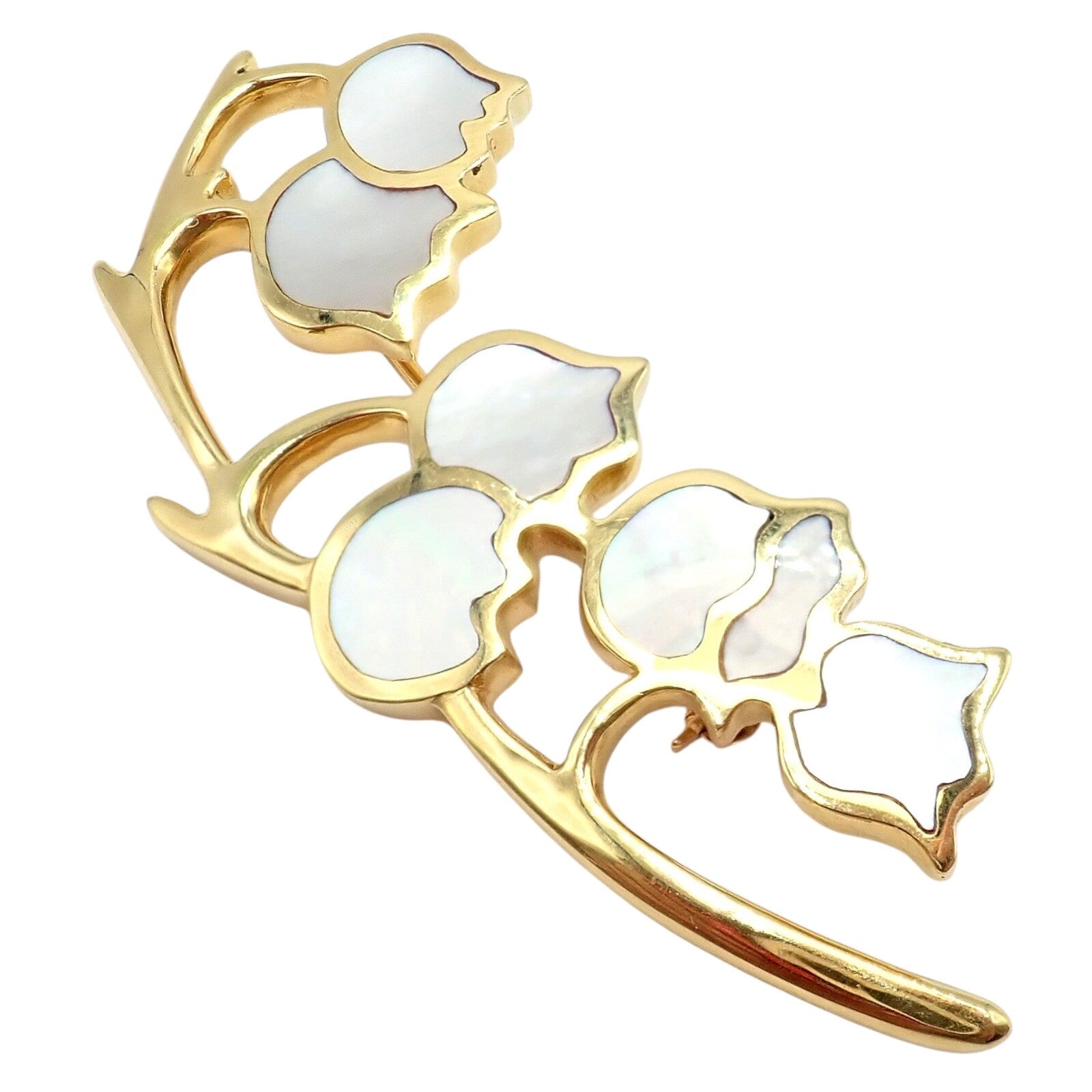 Tiffany & Co Cummings 18k Yellow Gold Mother of Pearl Lily of the Valley Flower Pin Brooch - Elegant Vintage Jewelry for Women, Perfect for Weddings, Parties & Special Occasions