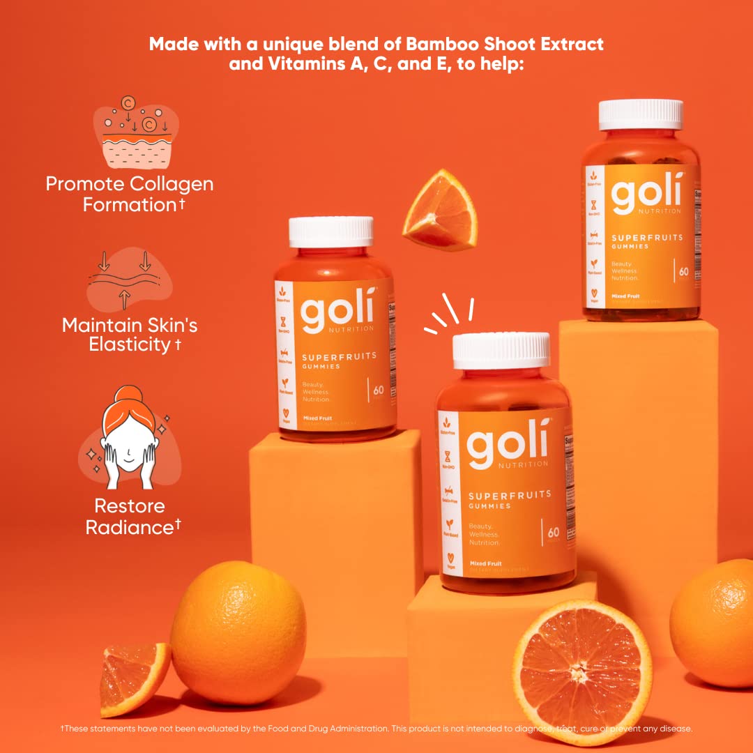 Goli SuperFruits Beauty Gummy Vitamins - 60 Count | Vegan Collagen Booster with Mixed Fruit Flavor | Plant-Based, Non-GMO, Gluten & Gelatin Free Supplement for Skin & Hair Care | Perfect for Daily Beauty Routine & On-the-Go Nutrition