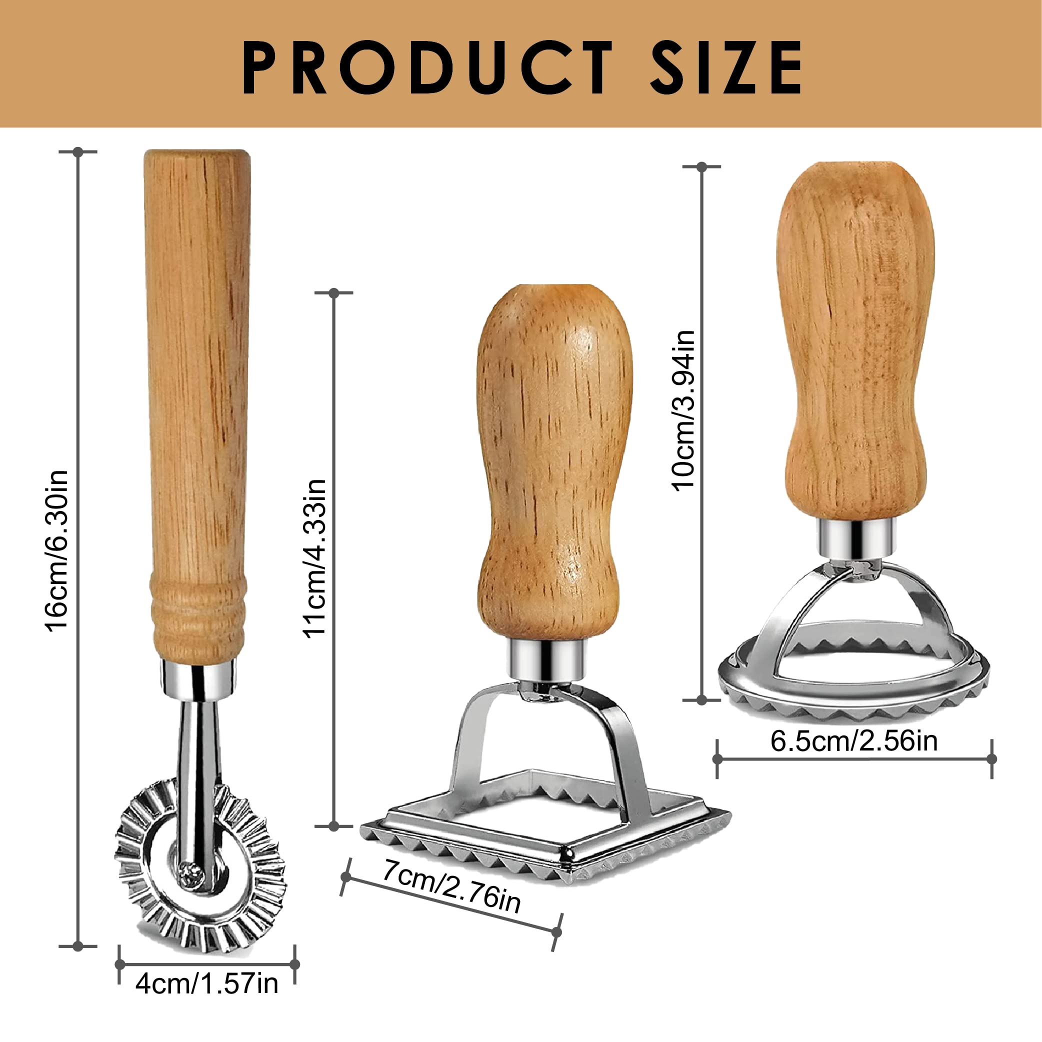 Ravioli Maker Stamp Cutter with Roller Wheel Set - Stainless Steel Pasta Maker Mold with Ergonomic Wooden Handle - Perfect for Homemade Ravioli, Dumplings, Lasagna & Pierogi - 3-Piece Kitchen Tool Set for Italian Cooking & Family Meal Prep