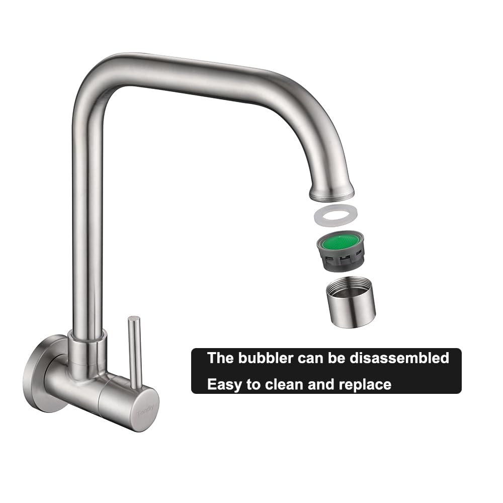 360° Swivel Wall Mount Single Handle Cold Water Kitchen Faucet, G1/2 Connection, Brushed 304 Stainless Steel, Removable Aerator - Perfect for Small Sinks, RVs & Outdoor Kitchens
