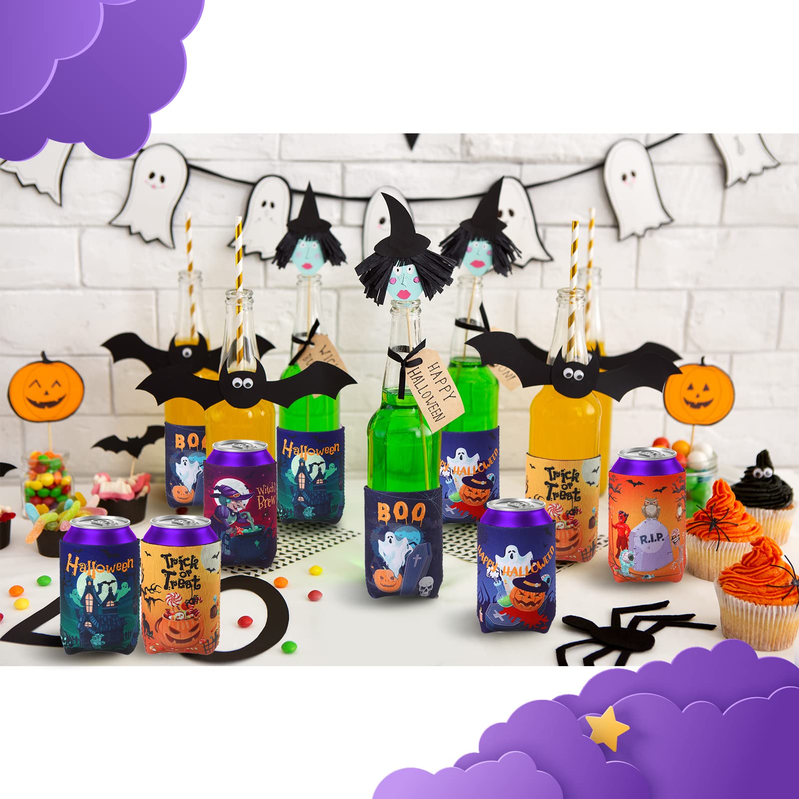 18 Pack Halloween Can Cooler Sleeves - Witch, Pumpkin, Bat, Skull Design - Insulated Beer Bottle Sleeves for Halloween Party Decorations and Outdoor Gatherings