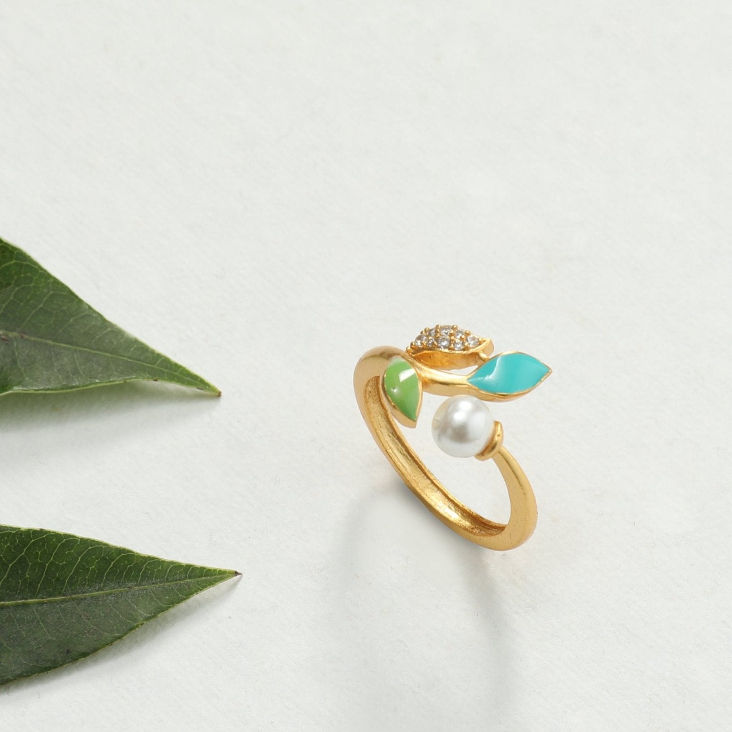 Eriha Pearl CZ Green Leaf Ring for Women - Elegant Nature-Inspired Jewelry for Parties, Weddings & Everyday Wear