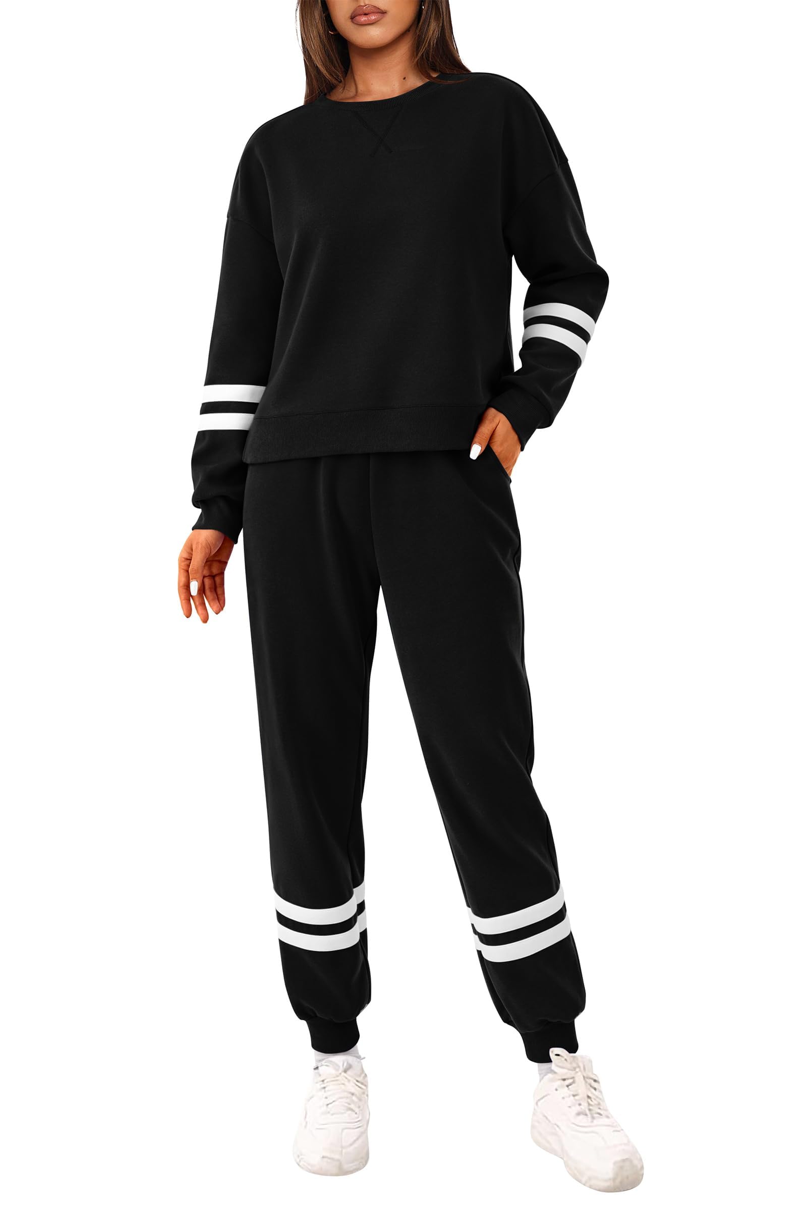PRETTYGARDEN Women's 2 Piece Striped Tracksuit Set - Long Sleeve Sweatshirt & Sweatpants Lounge Outfit | Casual Wear, Yoga, Running, Home Relaxation