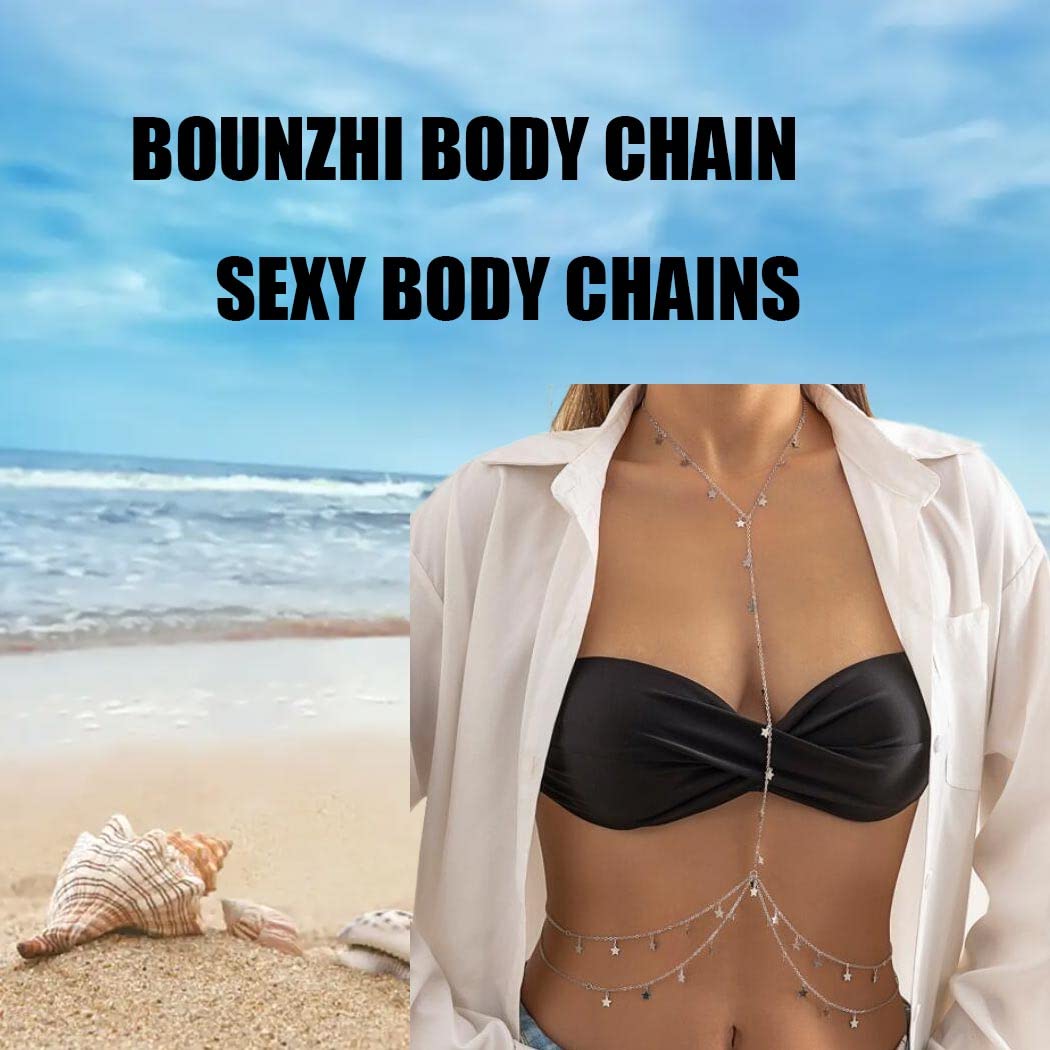 Bounzhi Silver Sexy Body Chain Jewelry for Women - Crossover Thin Bra Bikini Waist Belly Chain - Perfect for Beach Parties, Music Festivals & Boudoir Photography