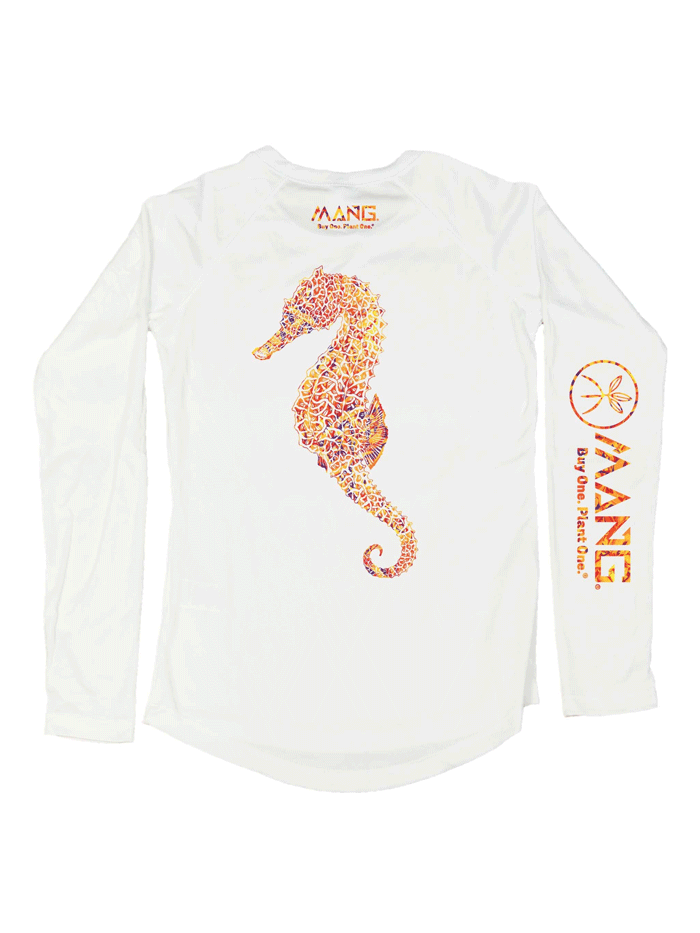 MANG WP1263LS Women's Long Sleeve Performance T-Shirt - Moisture Wicking Athletic Top for Running, Yoga & Workouts - White Seahorse Print Design