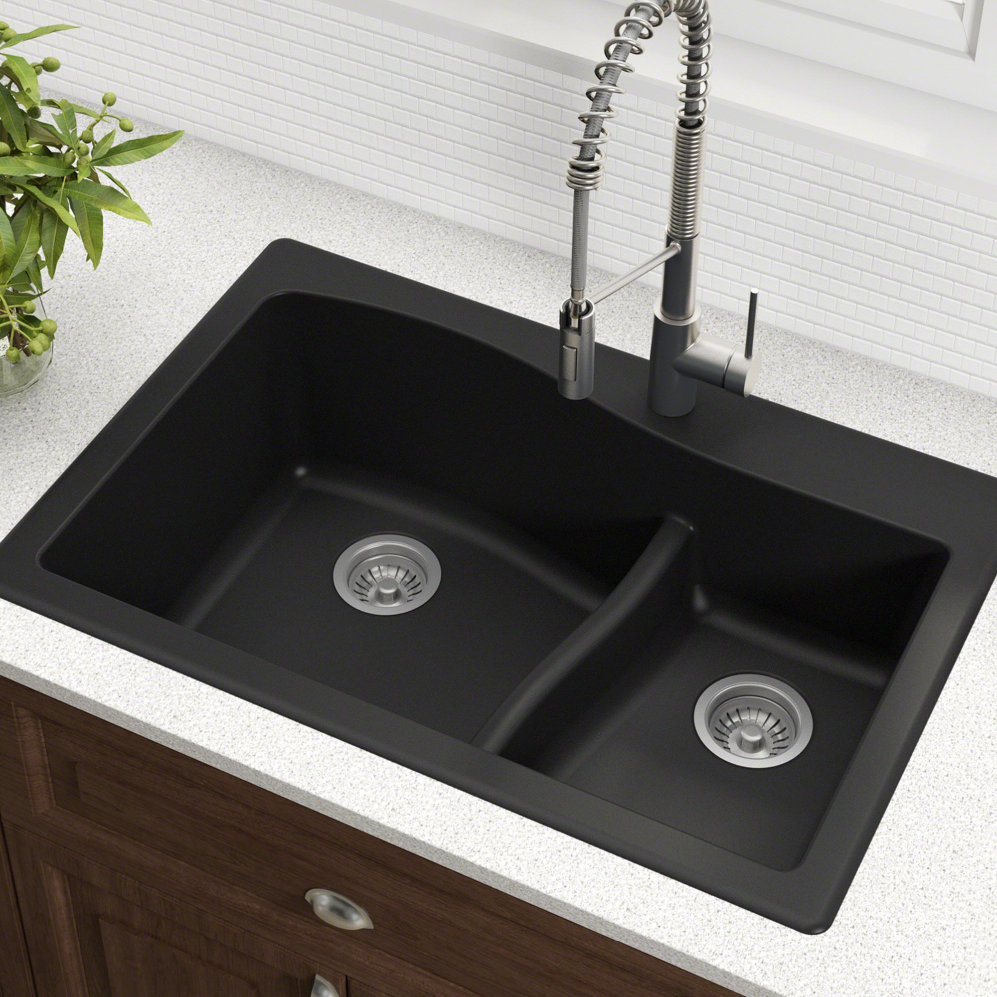 KRAUS Quarza™ 33-Inch Black Granite Dual Mount 60/40 Double Bowl Kitchen Sink with WasteGuard™ Continuous Feed Garbage Disposal (KGD-442BL-100-75MB) - Perfect for Modern Kitchens, Remodeling & Heavy-Duty Cooking