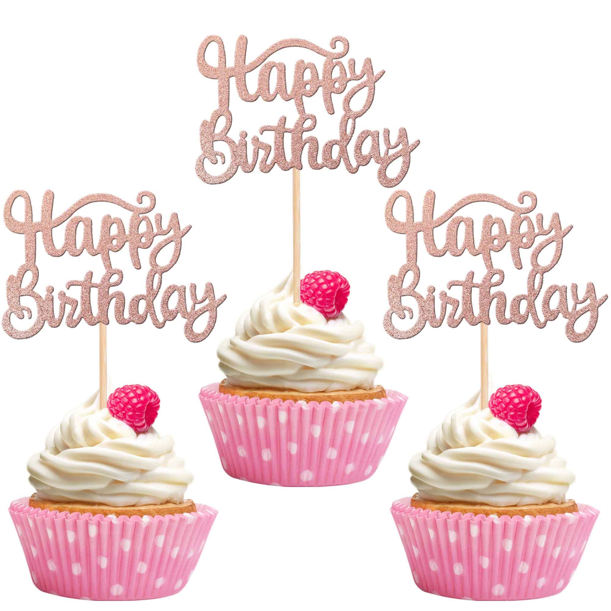 36 PCS Rose Gold Glitter Happy Birthday Cupcake Toppers - Premium Cake Decorations for Birthday Parties, Baby Showers & Celebrations - Perfect for DIY Dessert Decorating