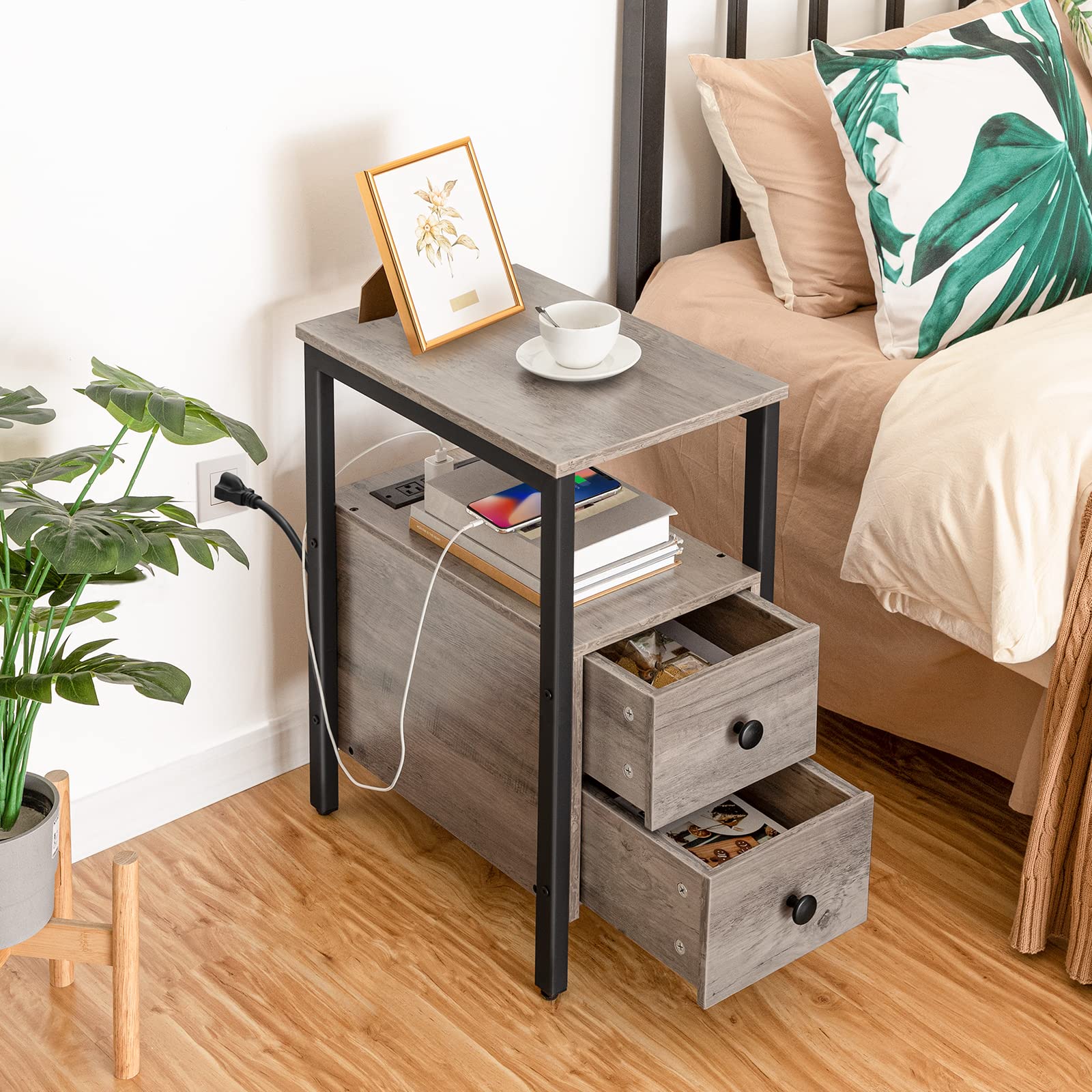 HOOBRO Set of 2 Narrow End Tables with Charging Station, USB Ports & Power Outlets, Nightstand with Drawers for Small Spaces - Greige and Black BG541BZP201 | Perfect for Living Room, Bedroom & Office Use