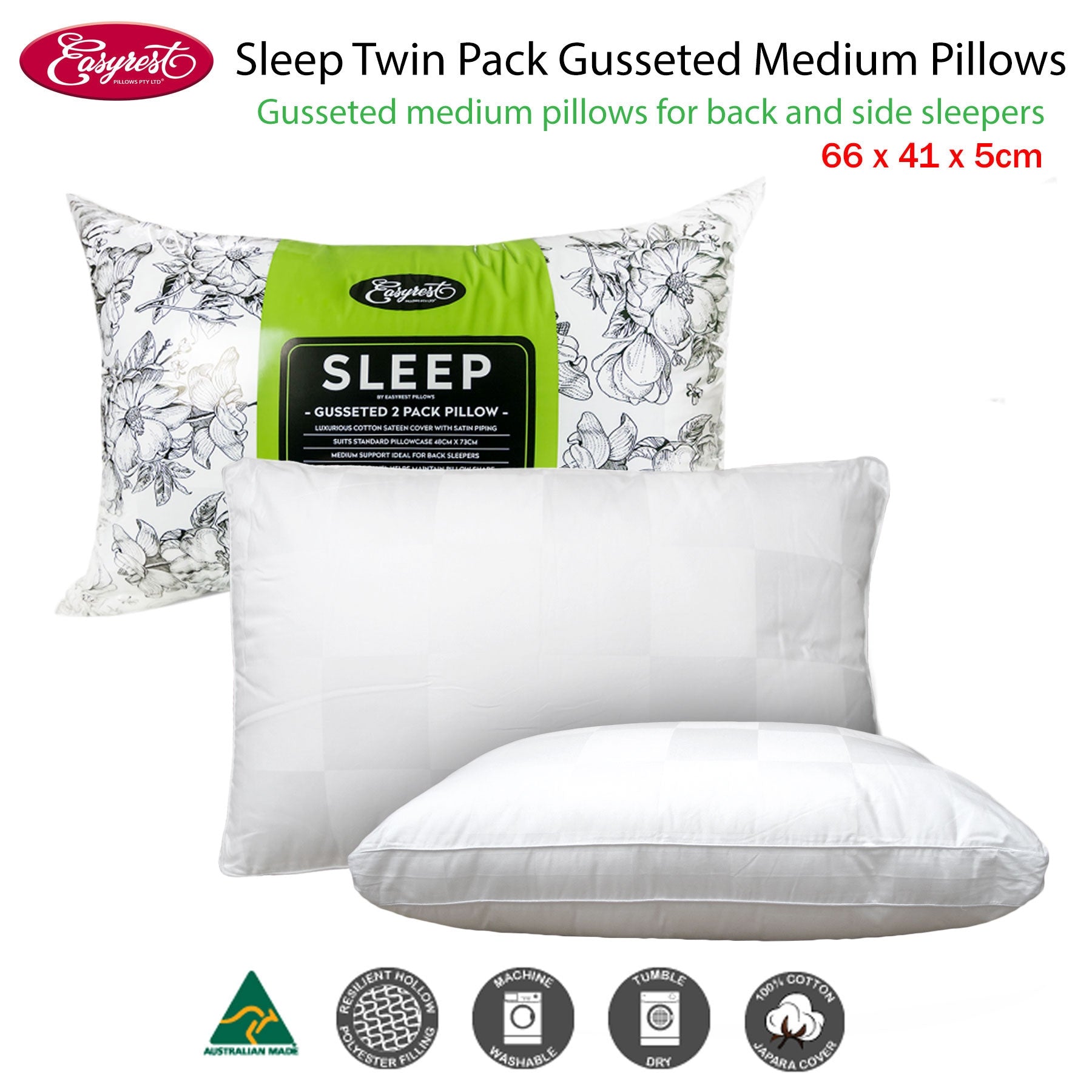 Easyrest Sleep Twin Pack Gusseted Medium Standard Pillows - Queen & King Size Bed Pillows for Side Sleepers & Back Pain Relief - Perfect for Hotels, Guest Rooms & Home Use