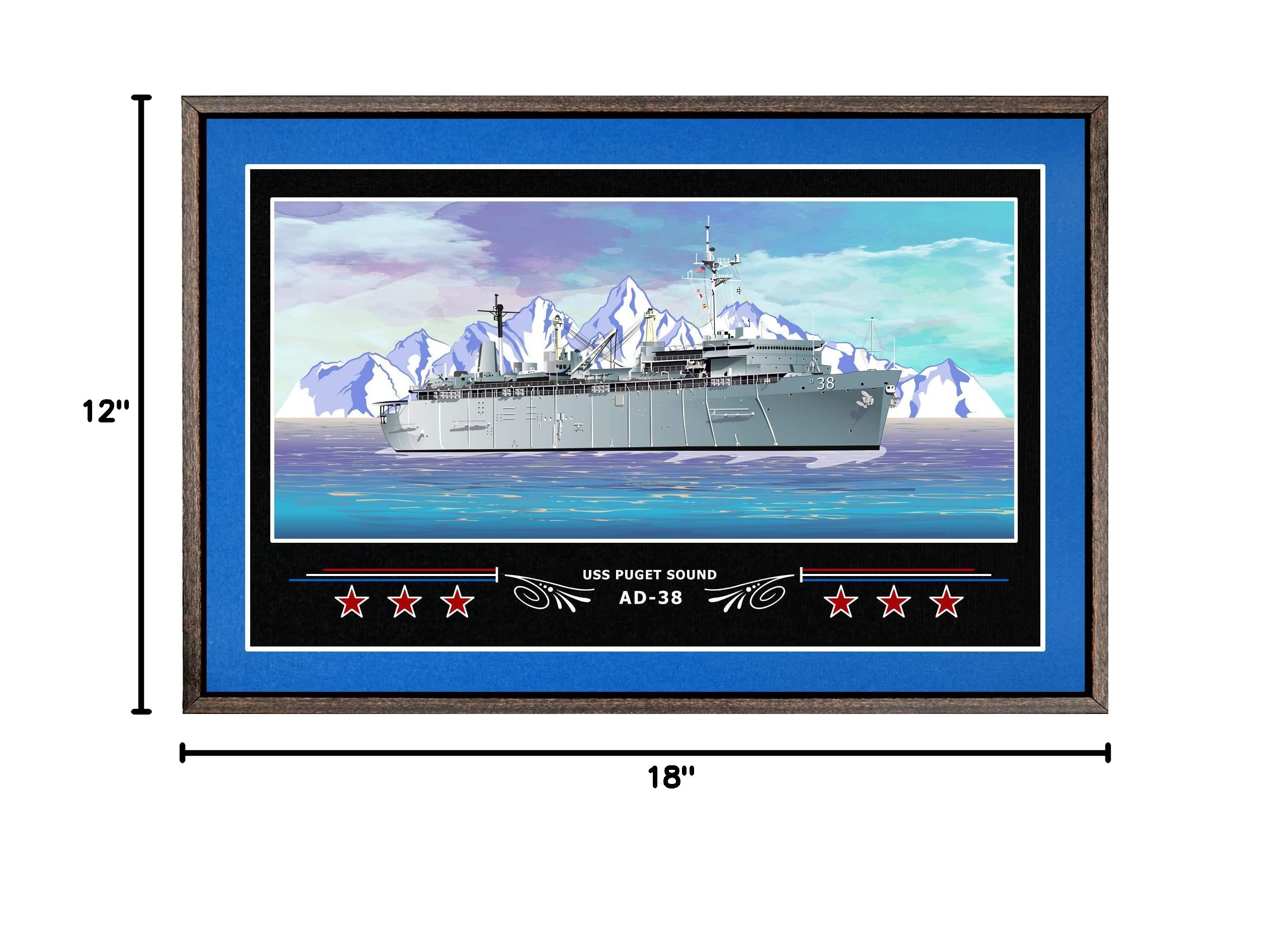 USS Puget Sound AD-38 Navy Ship Box Framed Canvas Wall Art - Blue & Gold Military Decor | Perfect for Home Office, Man Cave, or Veterans Gift