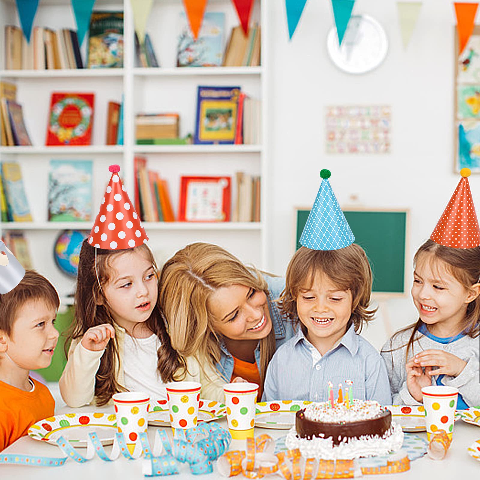 Chstarina 11-Piece Party Hat Set - Colorful Birthday Cone Hats with Pom Poms for Kids, Girls, Boys & Adults | Includes 9 Cone Hats + 2 Crowns | Perfect for Birthday Parties, Baby Showers & Festive Celebrations