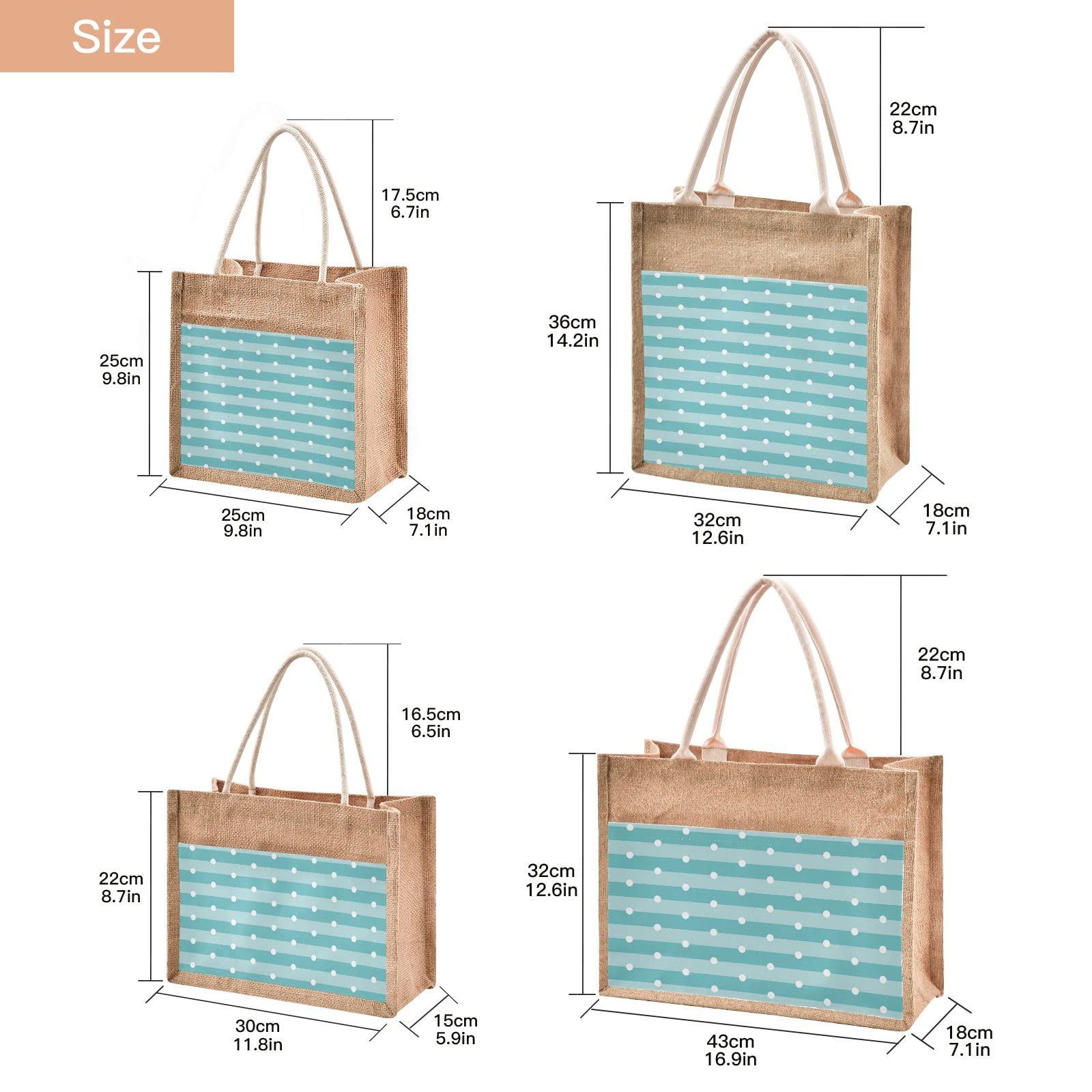 Linqin Blue Jute Tote Bag - Waterproof Round Dots Design Burlap Straw Grocery Shopping Bag for Women, Beach Travel, Picnic & Farmers Market