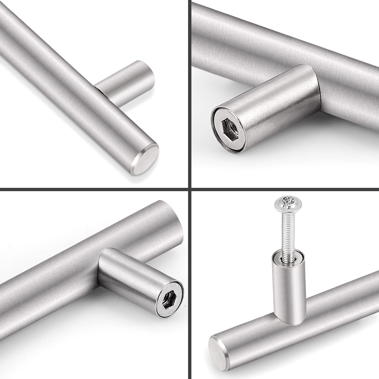 Probrico 30 Pack 3-3/4 Inch Brushed Nickel Cabinet Pulls - Round Tube T Bar Drawer Handles for Kitchen Cabinets & Dressers - Durable Stainless Steel Hardware (6