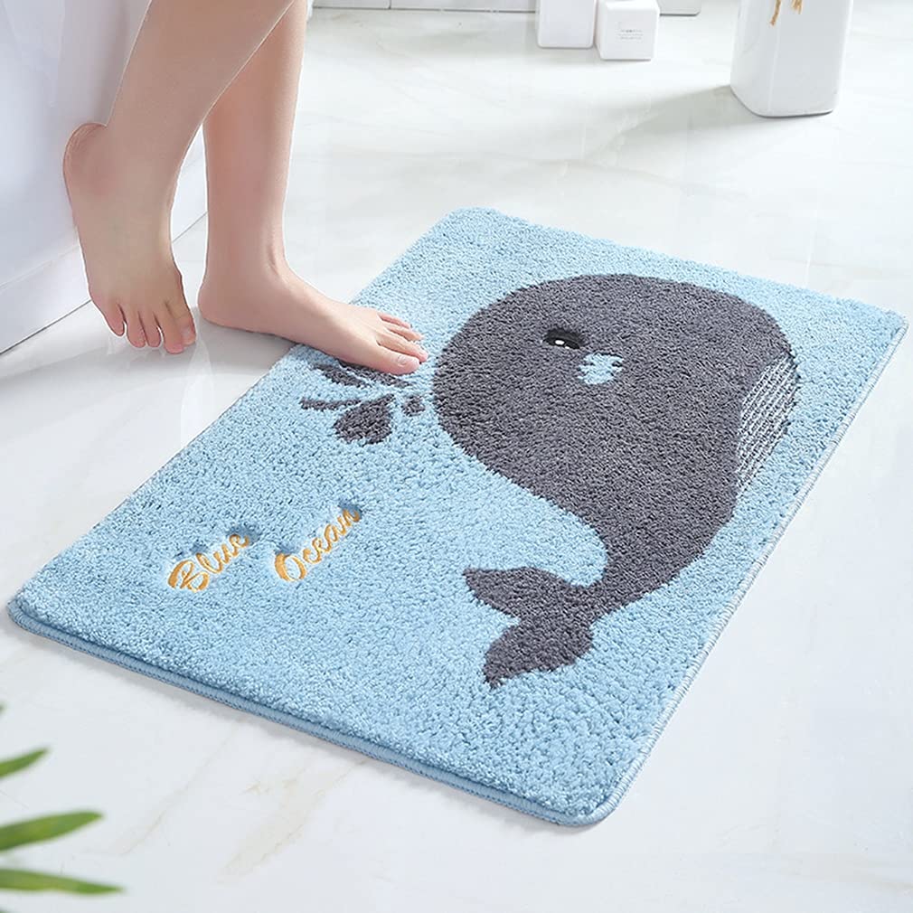 Non-Slip Cartoon Ocean Whale Bath Rug - Super Soft Shaggy Bathroom Mat, Water Absorbent & Machine Washable - Durable Shower Carpet for Kids & Adults (15