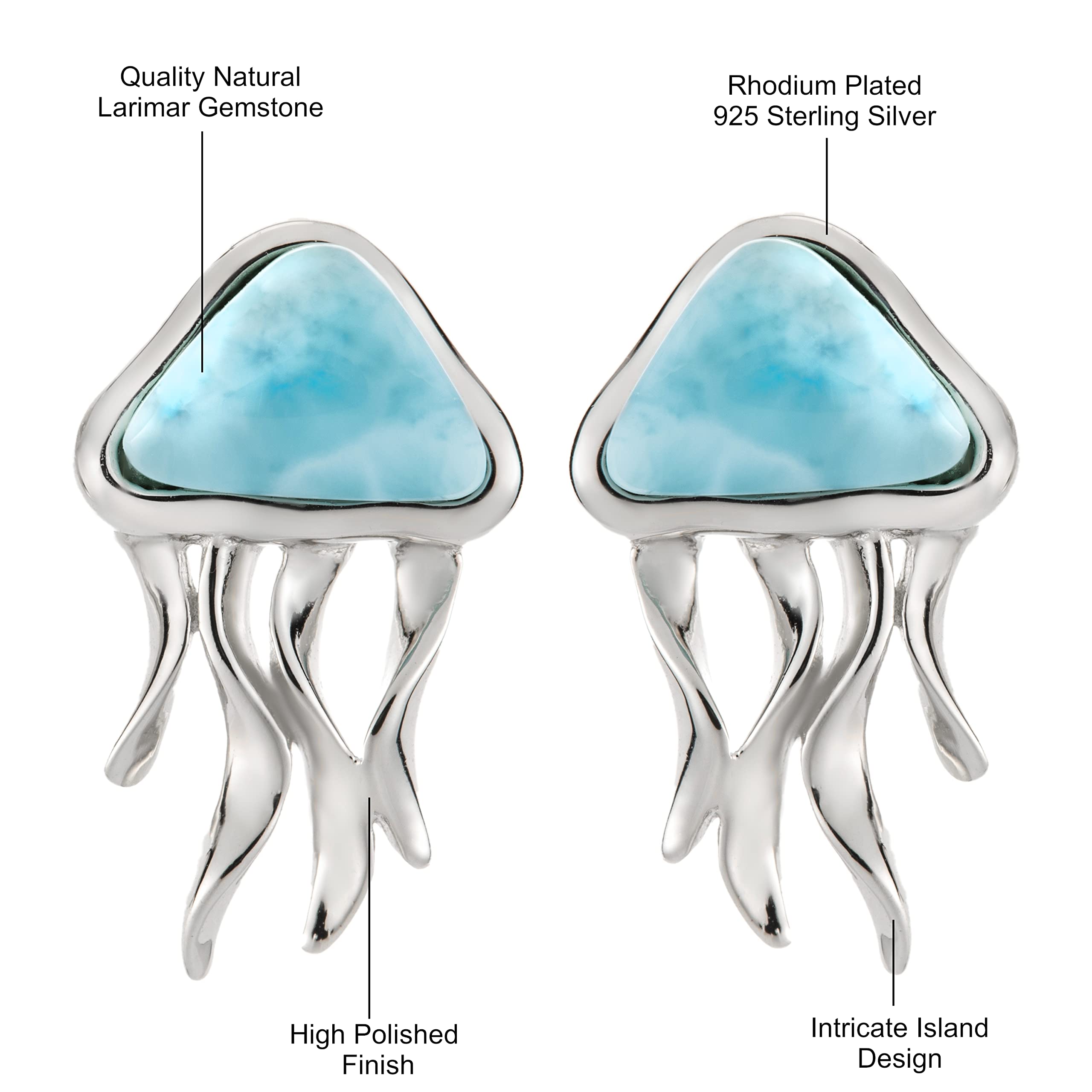925 Sterling Silver Natural Larimar Jellyfish Stud Earrings for Women | Hypoallergenic Nickel-Free Jewelry | Sensitive Skin Safe | Hawaiian Inspired Design | Gift Box Included | Perfect for Beach Vacations, Summer Outfits and Special Occasions
