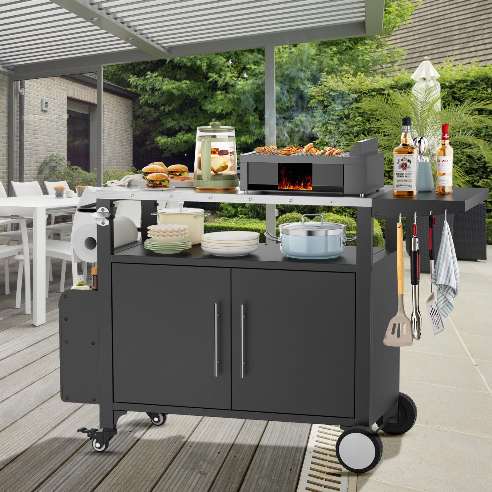 **Portable Outdoor Grill Cart with Storage - Waterproof BBQ Serving Table with Hooks & Spice Rack - Ideal for Backyard Parties, Home Gatherings & Patio Cooking**