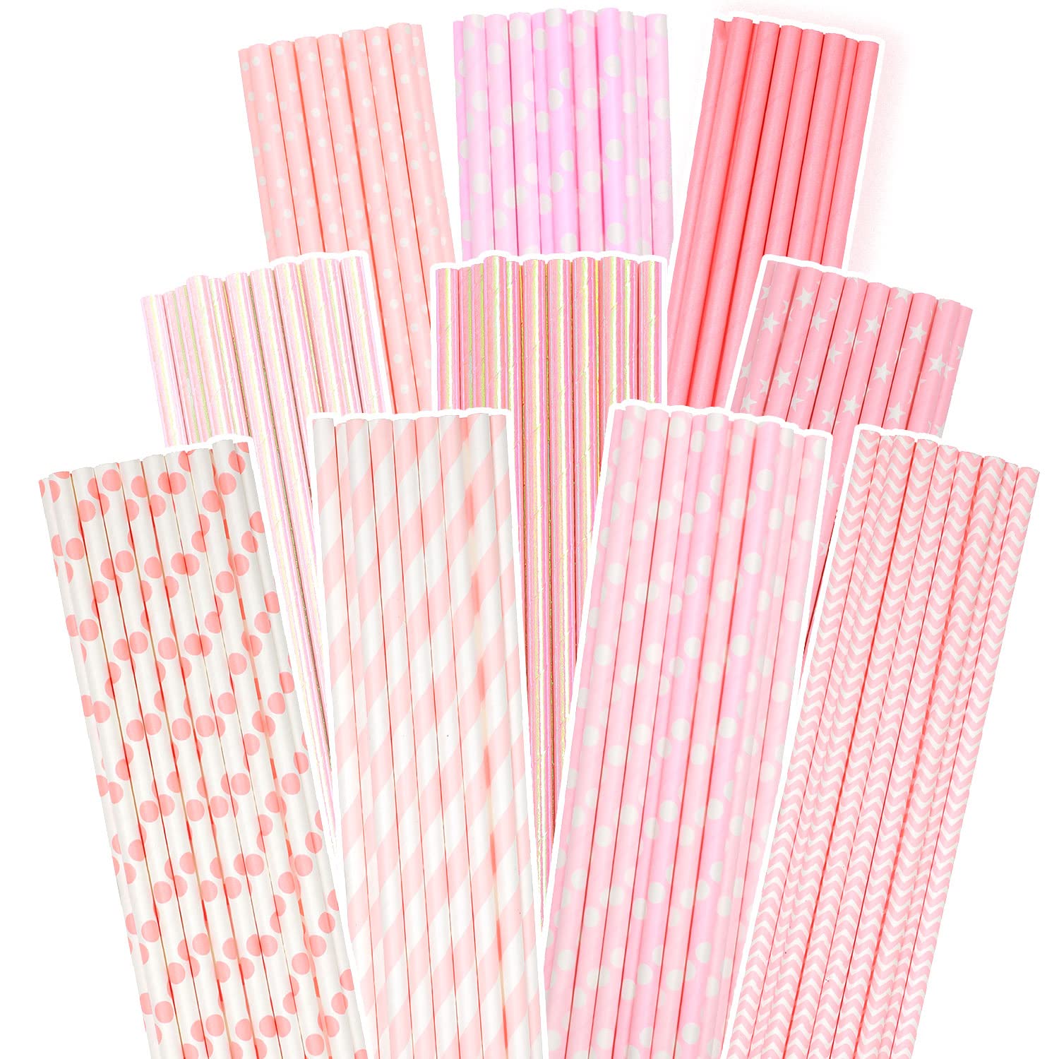 Eco-Friendly Pink Paper Straws Bulk 150pcs - Biodegradable Disposable Drinking Straws in 10 Cute Patterns for Parties, Weddings & Summer Beverages