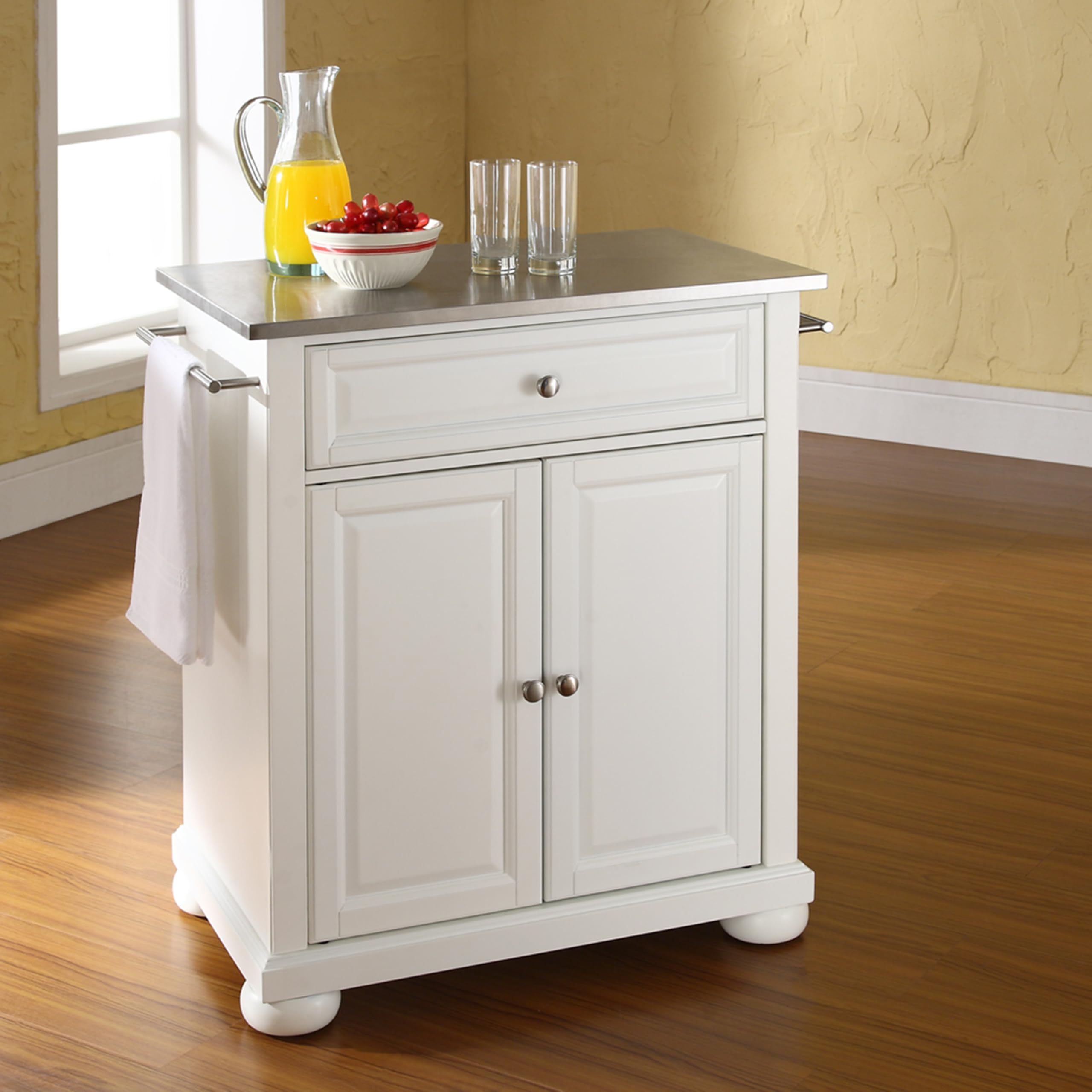 Crosley Alexandria Stainless Steel Top Rolling Kitchen Island Cart - White Small Microwave Stand with Storage | Perfect for Small Kitchens, Apartments & Dorm Rooms