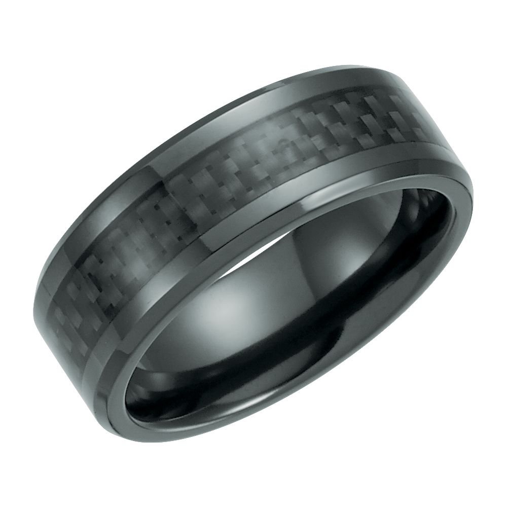Jewels By Lux Black Titanium 8mm Beveled Wedding Band with Carbon Fiber Inlay - Durable & Stylish Ring for Men, Perfect for Weddings, Anniversaries & Everyday Wear