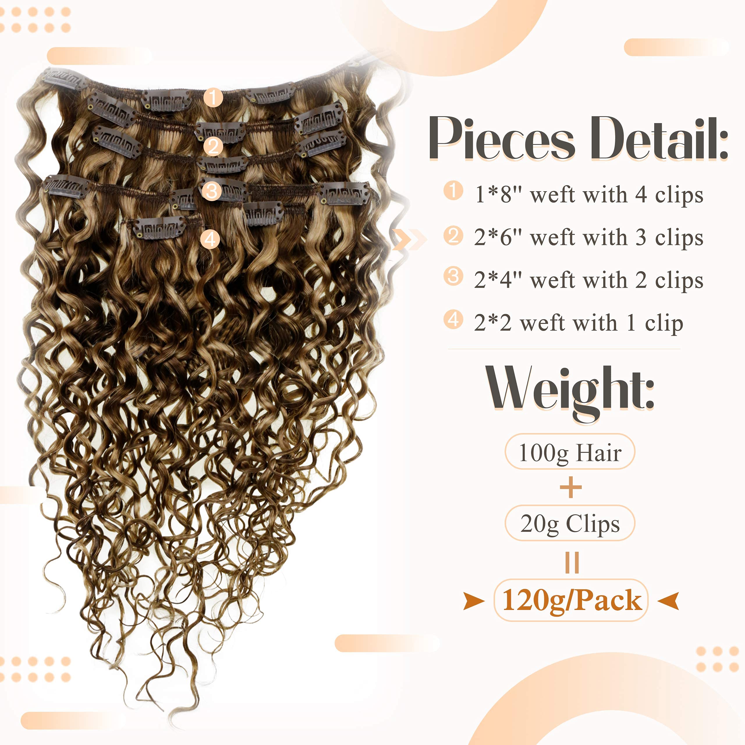 Hetto 14'' #4/27 Brown Highlights Blonde Human Hair Clip-In Extensions - Double Weft Thick Hairpieces for Curly & Straight Styles - Perfect for Parties, Weddings & Daily Styling